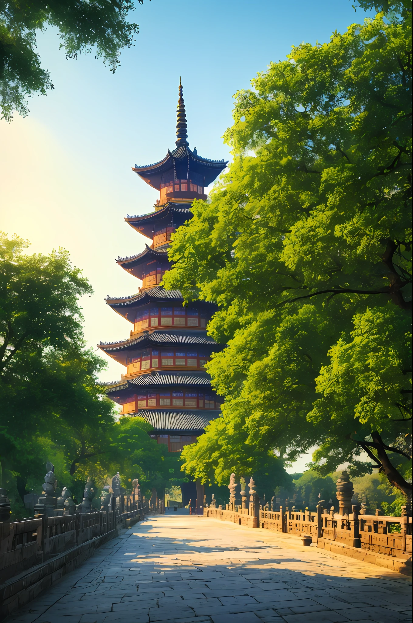 Masterpiece, best quality, high quality, extremely detailed CG unity 8k wallpaper, Hangzhou pagoda with ancient Chinese aesthetics, surrounded by ancient buildings and temples in Chinese style, trees and landscapes are composed of picturesque scenery, panoramic view and soft light. artstation, digital illustration, complex, trending, pastel colors, oil painting, award winning photography, bokeh, depth of field, HDR, bloom, chromatic aberration, realism, very detailed, artstation trend, CGsociety trend, complex, high detail, dramatic, midjourney art
