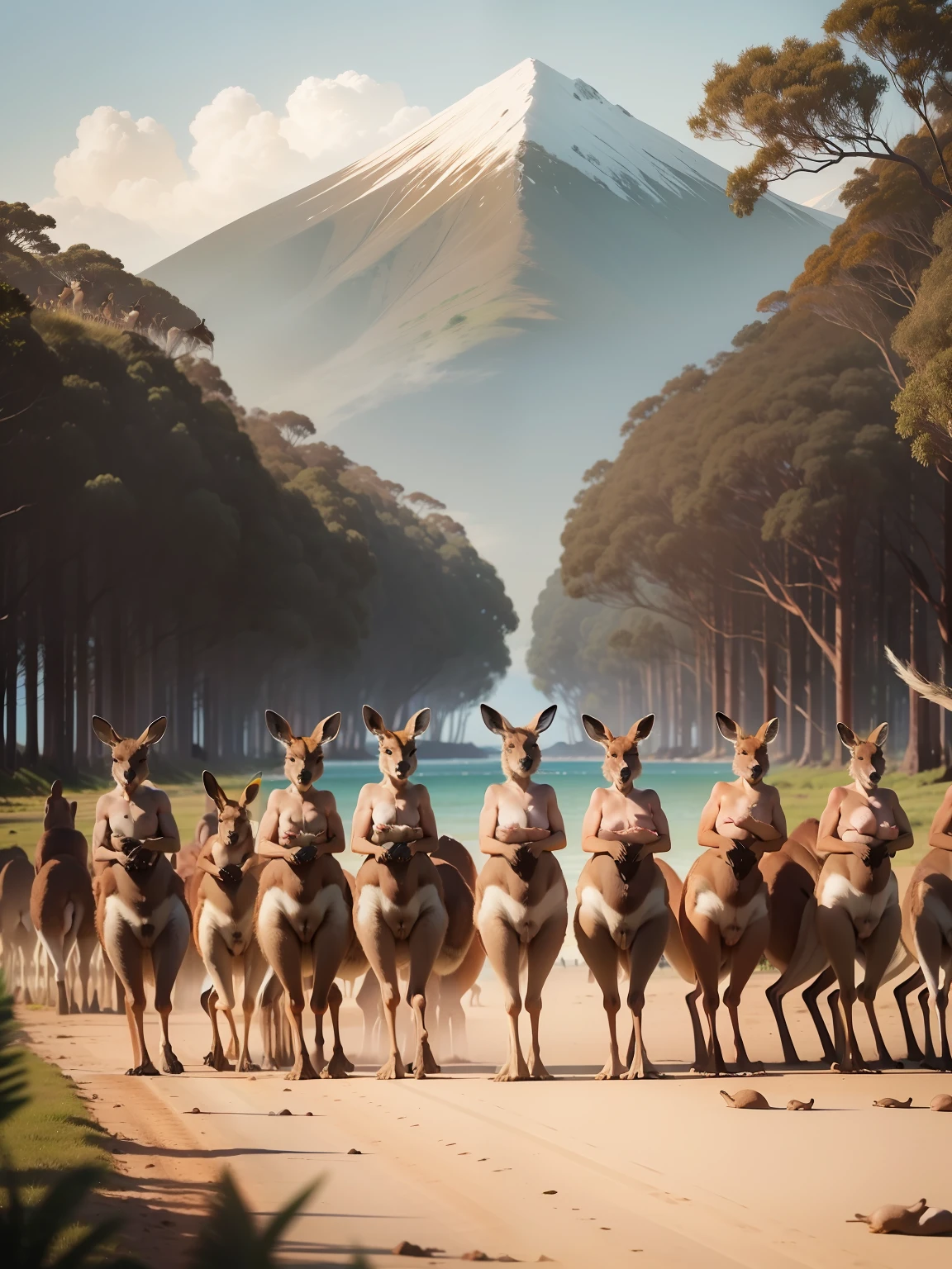 25 large herd of kangaroos standing up on a beach in a line facing at the camera with greenery in background, (((camera facing kangaroos))), subject : kangaroos, baby in pouch, (((kangaroo fur))), candid photo, national geographic, cinematic, aussie, curious animals, australia, sunset, beautiful landscape, vibrant sky, (((greenery))), (((wide shot))), wildlife, proud looking, hyper realistic photo, 8k, high resolution, (((kangaroos))), clear faces, kangaroo fur, realistic