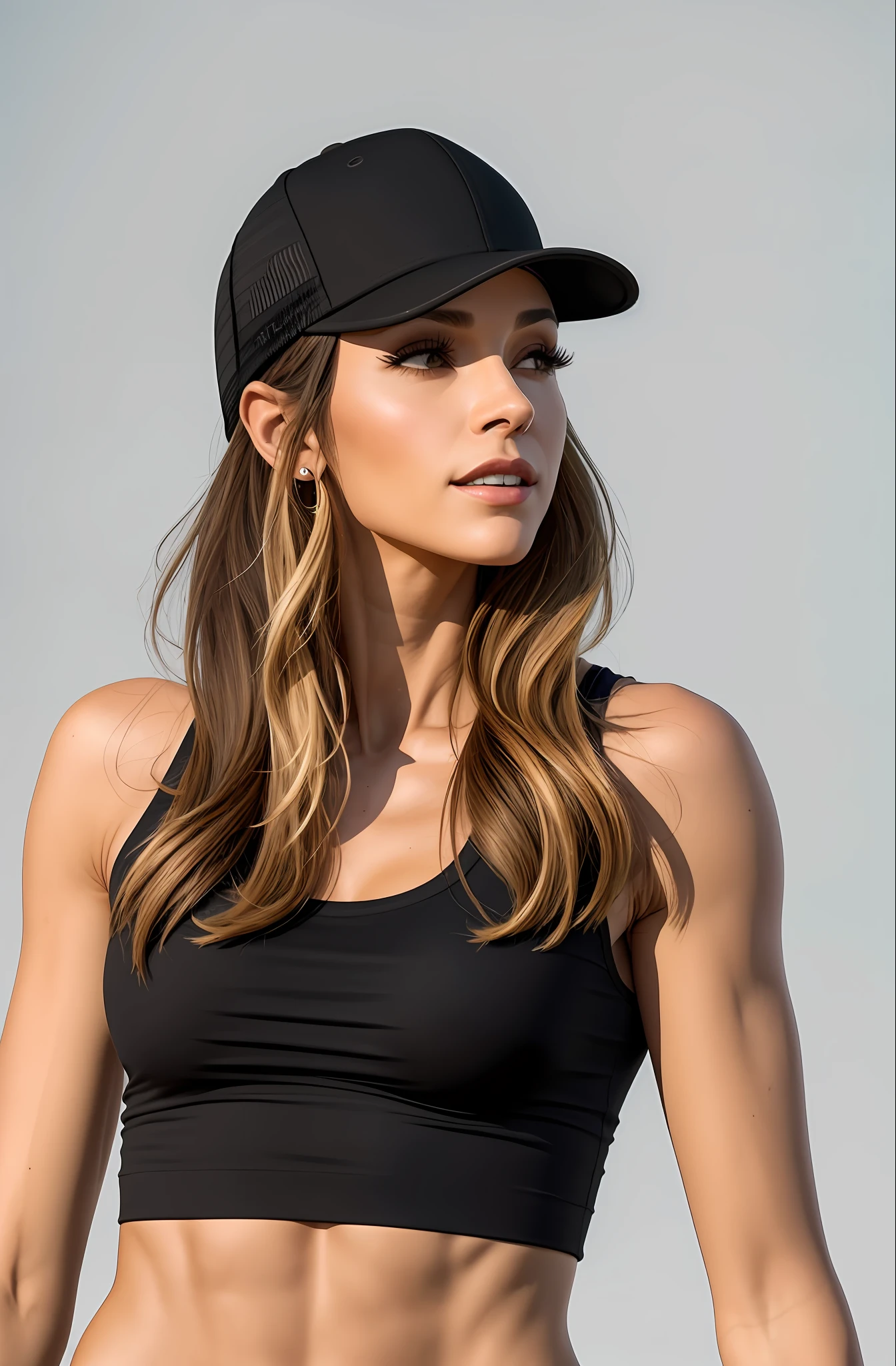 a woman wearing a black hat and a black top, baseball hat has, olhando para o lado, olhando para o lado, black hat, wearing baseball cap, Vista lateral, lado - vista, menina em forma, usando equipamento de fitness, 3/4 vista lateral, Foto de perfil lateral, side view profile centered, olhando de lado!, wearing a baseball cap, rosto lindo, Rosto de mulher bonita, deslumbrante, rosto detalhado, ..RAW.