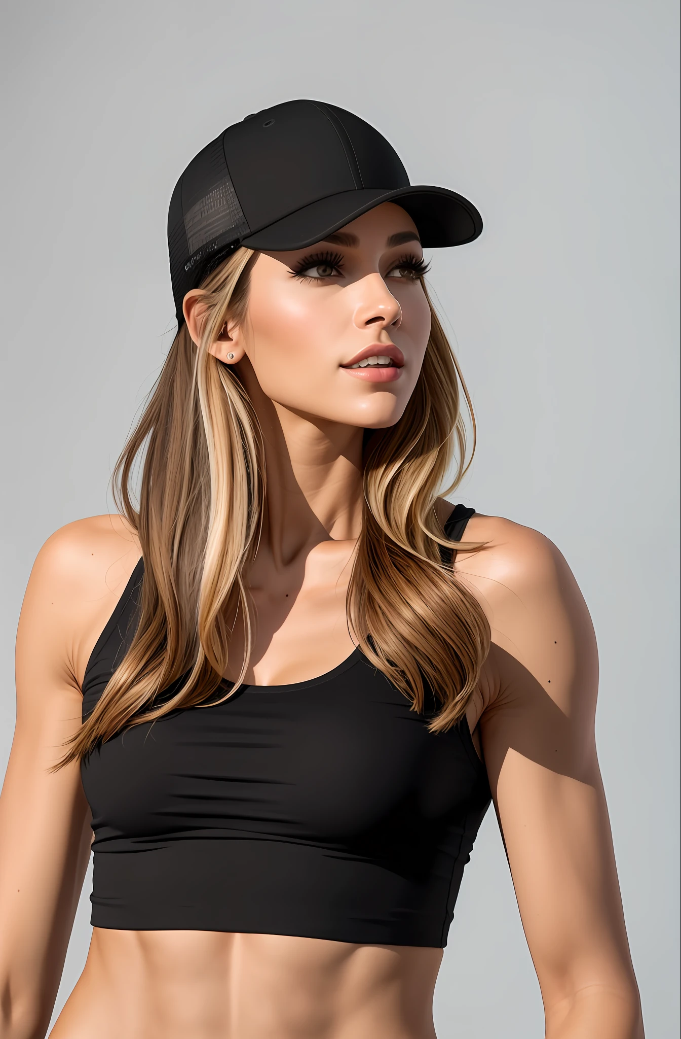 a woman wearing a black hat and a black top, baseball hat has, olhando para o lado, olhando para o lado, black hat, wearing baseball cap, Vista lateral, lado - vista, menina em forma, usando equipamento de fitness, 3/4 vista lateral, Foto de perfil lateral, side view profile centered, olhando de lado!, wearing a baseball cap, rosto lindo, Rosto de mulher bonita, deslumbrante, rosto detalhado, ..RAW.