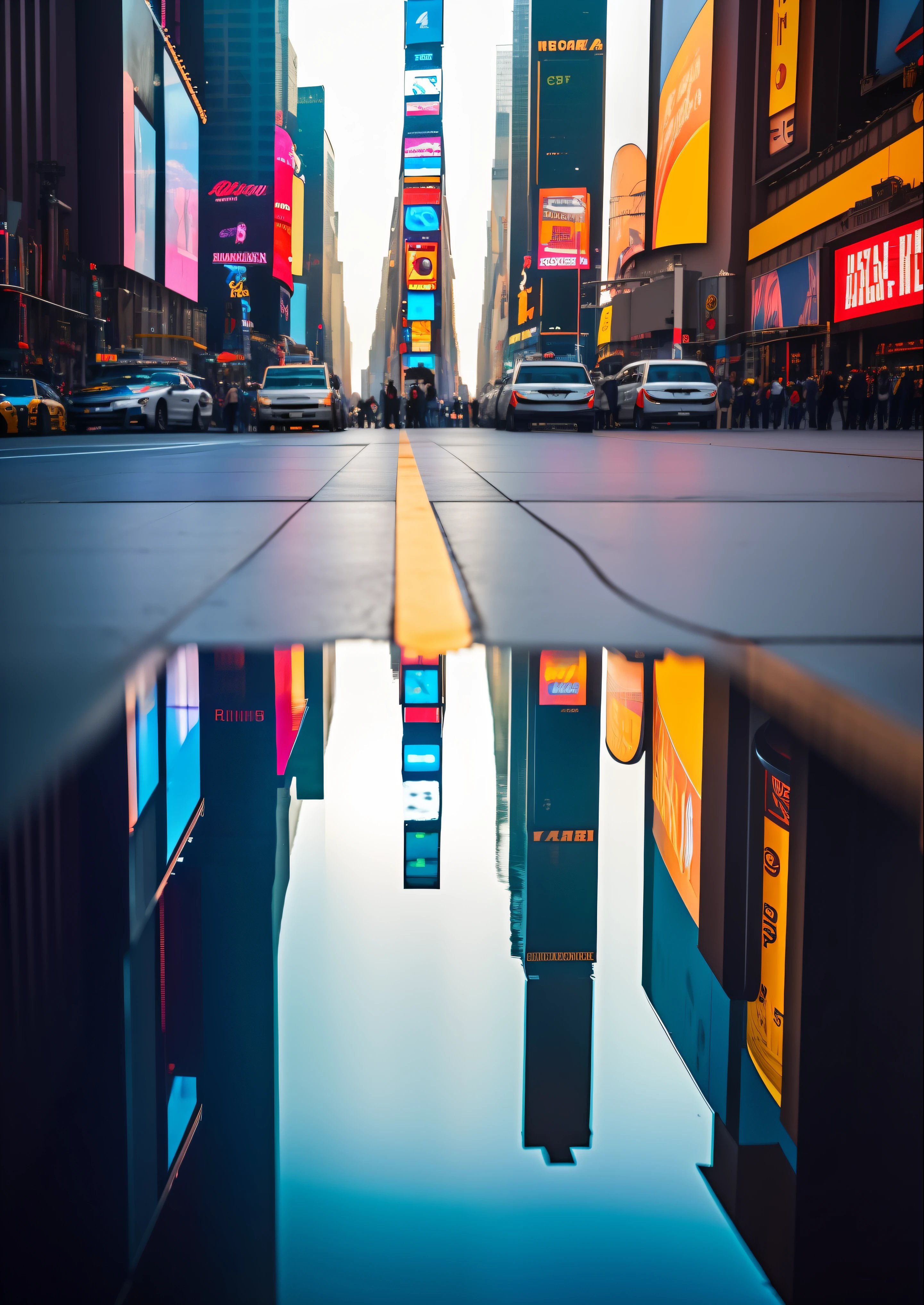 Times Square, reflection on the ground, Morning light, sol, amazing fine details, film photography Nikon D850 Kodak Portra 400 camera f1.6 lente, cores claras, textura realista, ambiente urbano, highrise, neon signs, trending on ArtStation, cinestill 800 tungsten, foto do ano,