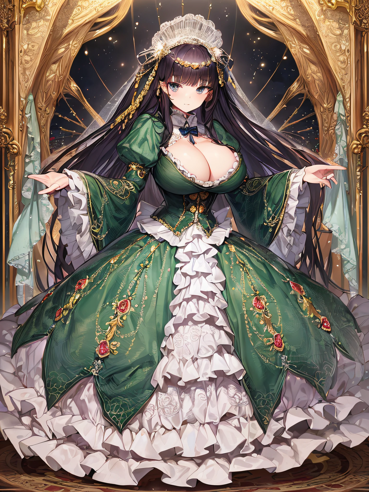 ((anime artstyle)),(Masterpiece),(Best Quality), (Super Detail),((Very Delicate and Beautiful)),((Solo)),((full body)),((1 princess in gorgeousfull victorian dress)),many ruffles,detailed face and eyes,jewel-like eyes,((voluminous Very Long Straight Hair)),((gorgeousfull embroidery and lace)),gorgeous corsage,See-through,gorgeousfull hair ornament,gorgeousfull glitter jeweled tiara,ornate ruffles,((gigantic breasts,Long breasts)),skindentation,((full body)),((hoop skirt,crinoline)),standing pose,Dynamic Angle,Looking at viewer,royal victorian palace,(((gorgeous embroidery gorgeousfull victorian dress)),full body