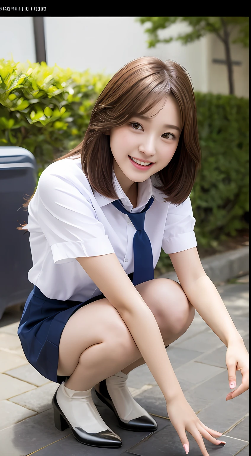 Very detailed 8k wallpaper)、foco nítido、in detail、Drama、Delicate and beautiful girl、sixtee white shirt、Quite short skirt、neck tie、ligh brown hair、hair adornments、Beautiful and sexy、A smile、独奏、Beautiful graphics、Beautiful legs、crouching down、