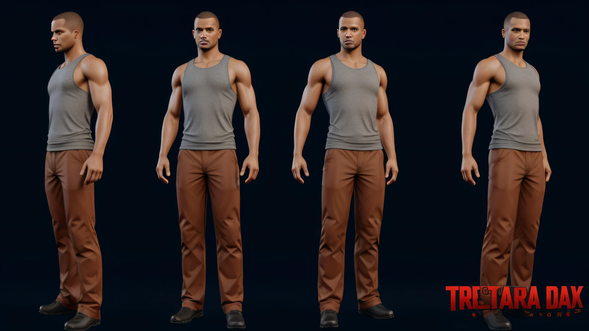 A closeup of a man in a tank top and pants, full body and head, full body and head view, tiro de corpo inteiro hiperdetalhado, corpo inteiro detalhado, modelos de caracteres de alto detalhe, Modelo de conceito de personagem, detalhes do corpo inteiro, modelo de personagem, corpo completo do personagem, pele : tjalf sparnaay, in game capture 3d render, Personagem de corpo inteiro