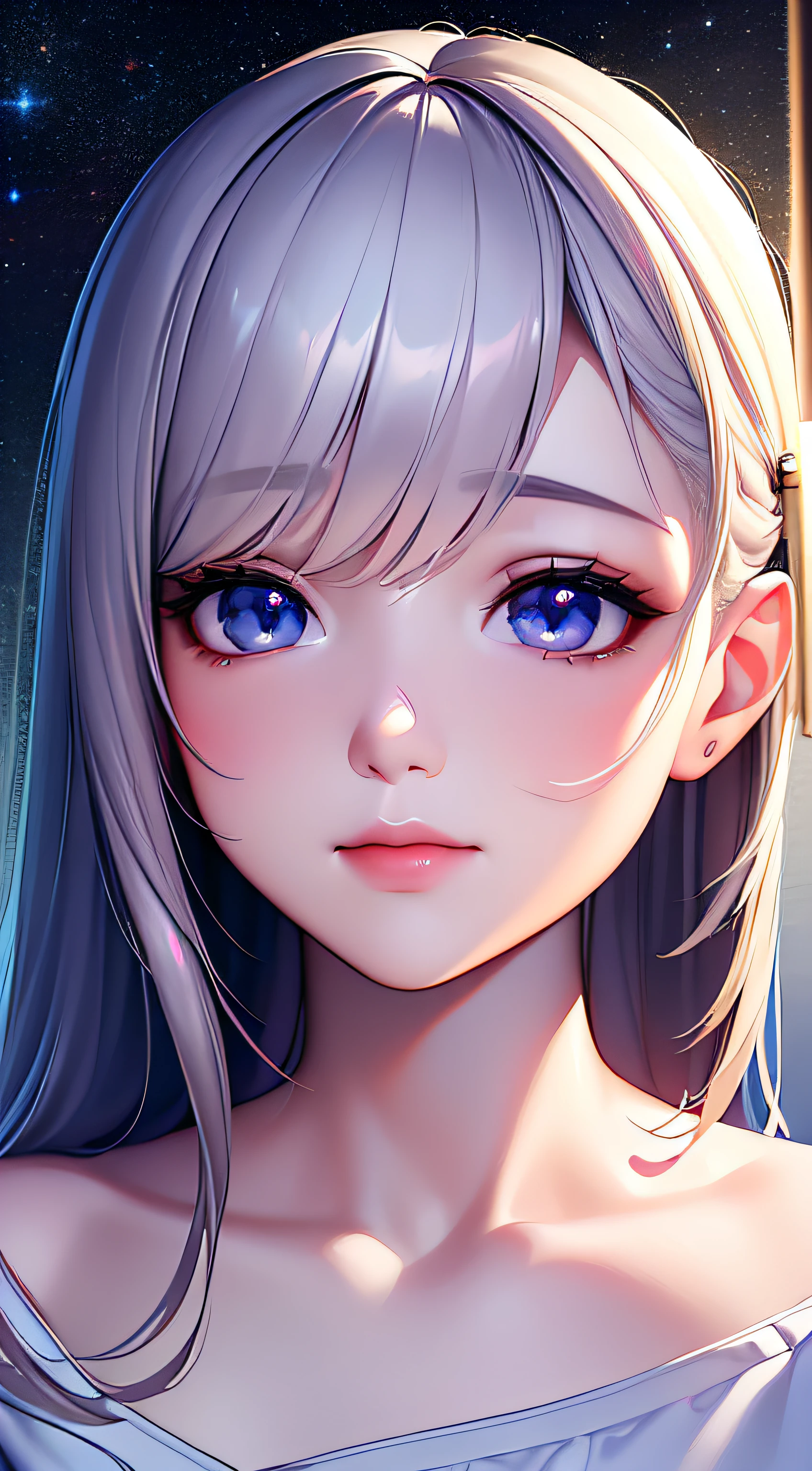 (photorealistic:1.4), (masterpiece, side dim light, finely detailed beautiful eyes: 1.2), masterpiece*portrait, realistic, 3d face, Stelle \(honkai star rail\), 1girl, white oversize T-shirt, bare shoulder, universe, rail, bangs, blush, shy, lustful eyes, medium long hair, looking at viewer, gasp, medium breasts