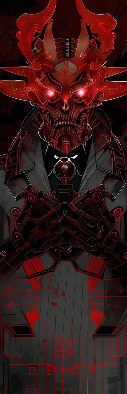 Draw a demon，There are pistols and bow ties, red demon cyberpunk symbols, Wallpaper phone, Red Biomechanics, Set ninja background, red biomechanical details, gungrave, Magic machine, dark cyberpunk illustration, Detailed cover artwork, symetry!! portrait of cyborg, phone background, Cover art, Just the art of dark metal music, Official artwork