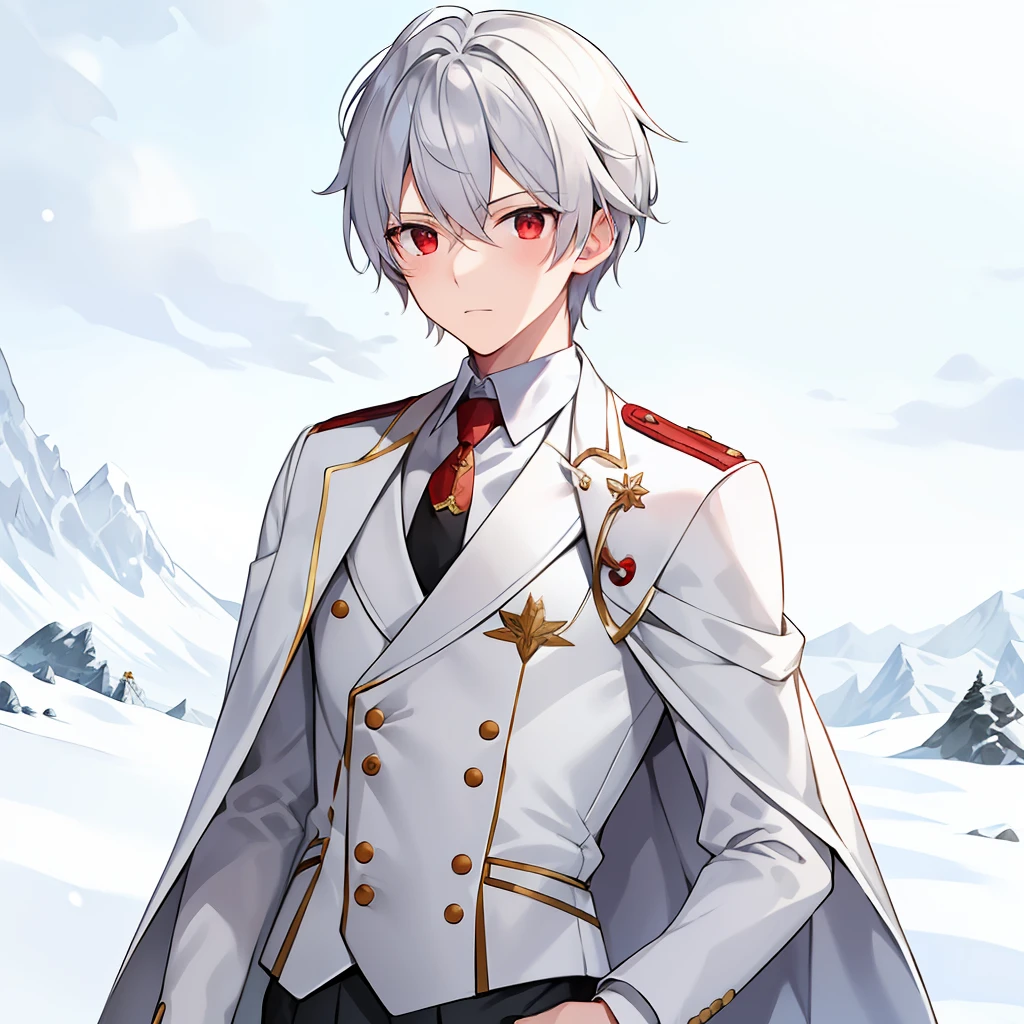 snow field，Boy，White suit，18yr old，Silvery hair，Red eyes，tmasterpiece，Red vest