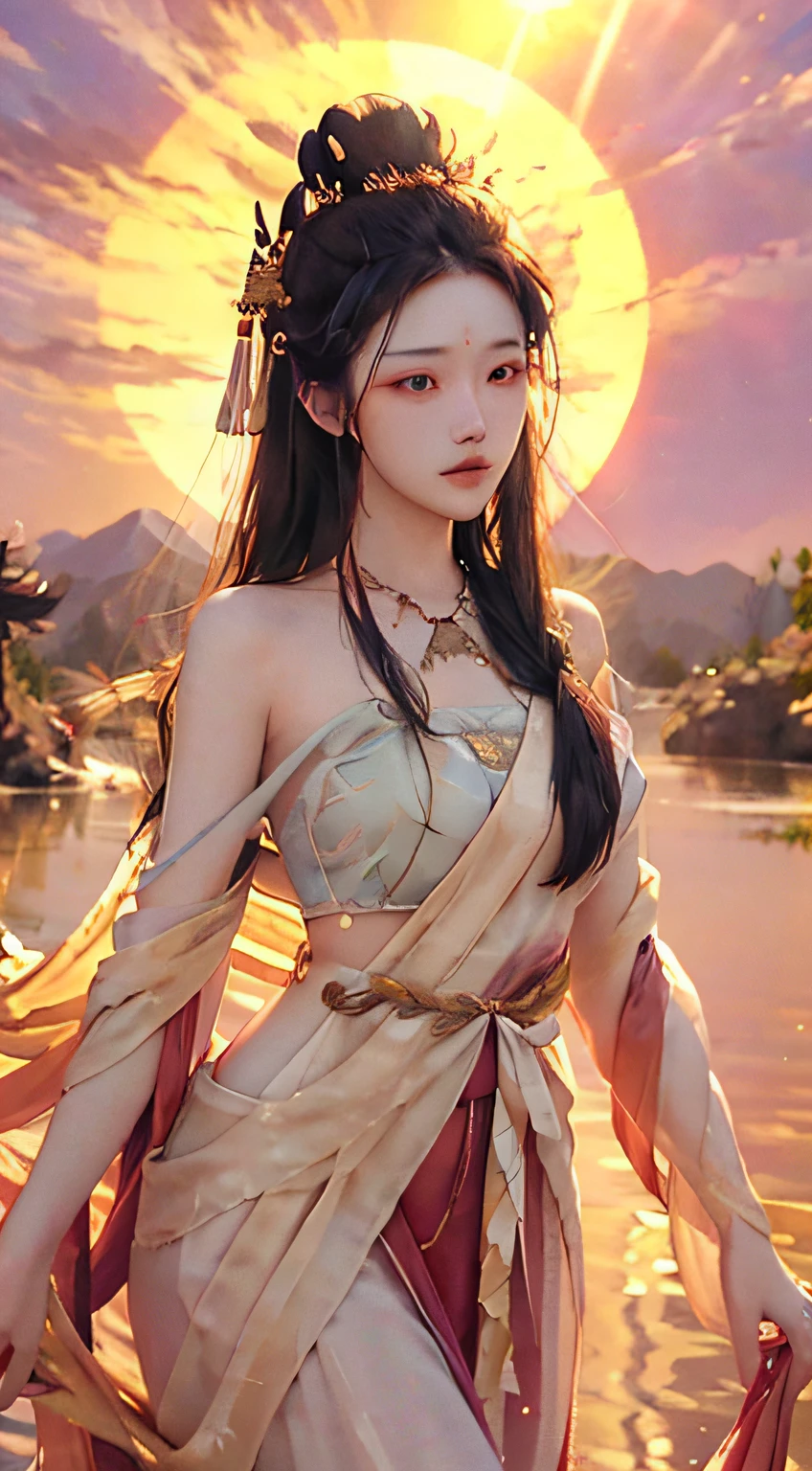 NSFW,(RAW photos,best qualtiy),(realisticlying,photograph realistic:1.3),best qualtiy,highly detailed,tmasterpiece,ultra - detailed,illustratio,1womanl,(Facing the river,1.5),dynamic angle,Masterpiece Theatre of the World,best qualtiy,the Extremely Detailed CG Unity 8K Wallpapers,cinmatic lighting,lens_flare,primitive,s the perfect face,delicated face,eye detailed,Milky skin,Dusk background(Red sunset,1.5),(Ancient Chinese woman,1.5),Gentle and mature,Draped with hair,(stands aside the river,1.5),(Original clothes,1.5),(Draped in long messy hair,1.5),(The background is empty,1.5),The upper part of the body, (Ancient Chinese mythology,1.5),a warm color palette,sunflare,soft shade,vivd colour,painterly effect,Fantastical Atmosphere,Scenic lake,mountains in the distant,willowy,Calm water,inverted image,Sun-drenched clouds,tranquil ambiance,Idyllic sunsets,