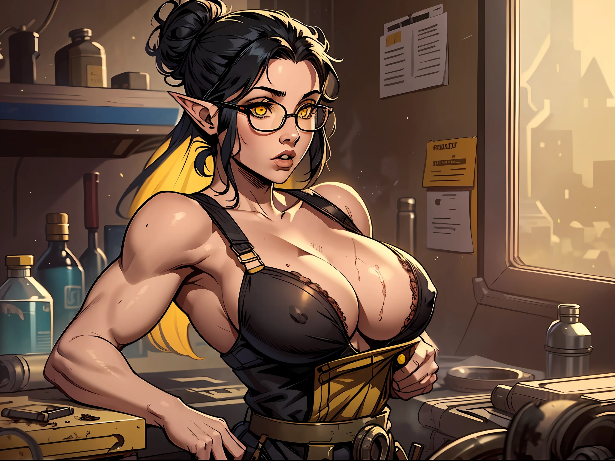 dirty female elf mechanic, 1girl, (solo:1.5) busty boobs, wearing only an overall, black hair, yellow eyes , muscular arms, glasses, hair in a messy bun