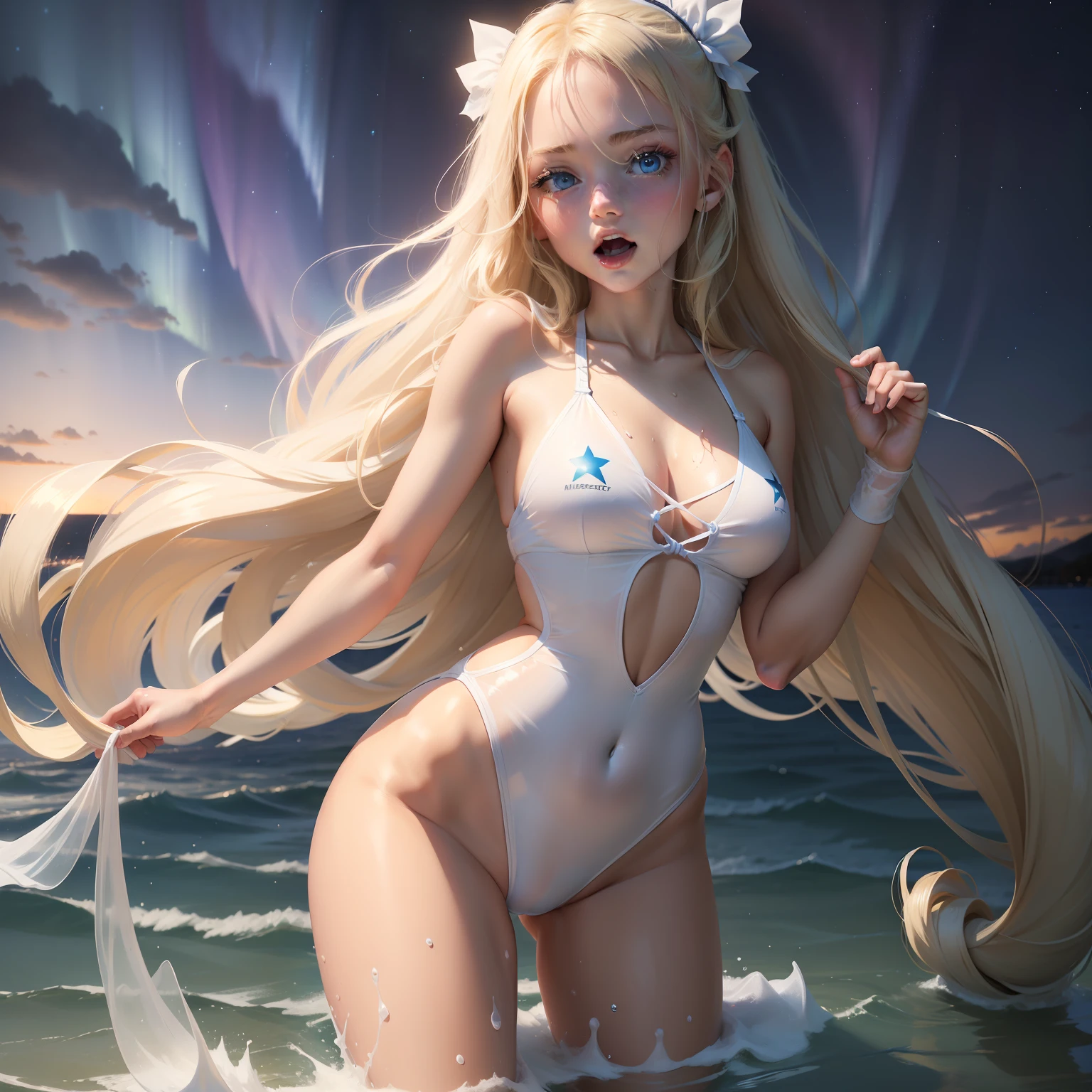 ((Masterpiece:1.2, Best quality)), 1girll, Blonde hair, Long hair, aurora, Night, Star (sky), mitts, sky,, Open mouth, Blue eyes, ribbon, Very long hair,Dead reservoirs，swim wears，white swimwear，Wet temptation，Translucent swimsuit，White translucent swimsuit