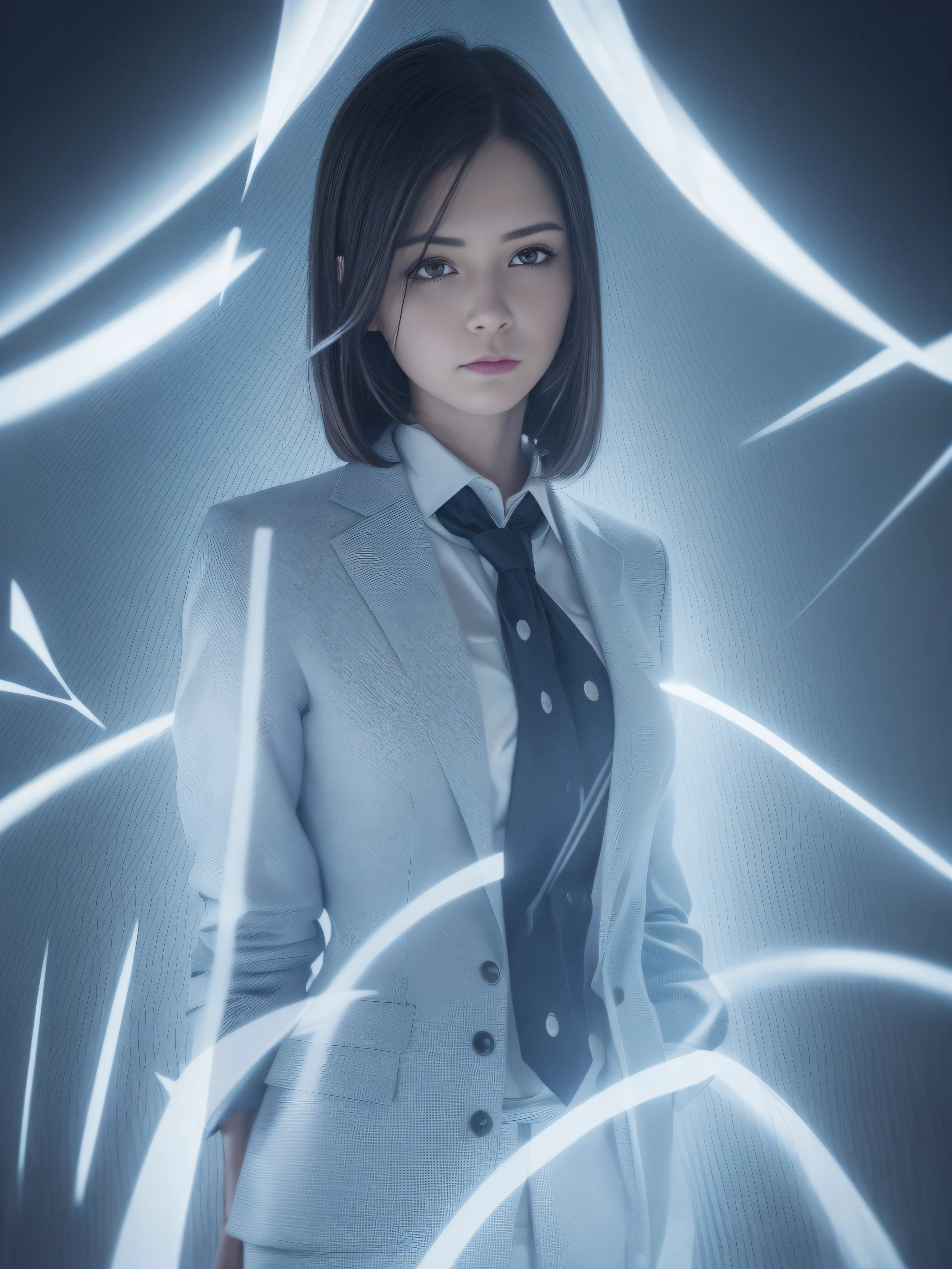a woman standing with 20 years in suit and tie, body and head straight in the photo, facing the viewer of the photo, eyes fixed to the lens, appears shoulders and head in the photo, woman centered in the photo, 8k, best quality, masterpiece, realistic, realistic photo, movie photo, ultra realistic, 1 person, detailed, perfect lighting, DSRL, professional photo, 4k, Blue lighting