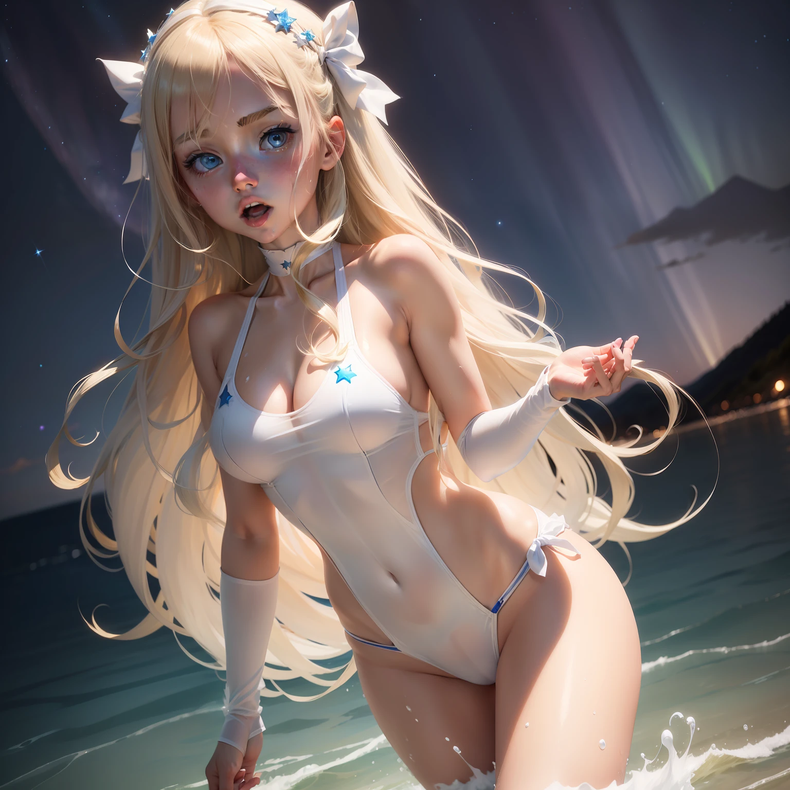 ((Masterpiece:1.2, Best quality)), 1girll, Blonde hair, Long hair, aurora, Night, Star (sky), mitts, sky,, Open mouth, Blue eyes, ribbon, Very long hair,Dead reservoirs,swim wears,white swimwear,Wet temptation,Translucent swimsuit,White translucent swimsuit