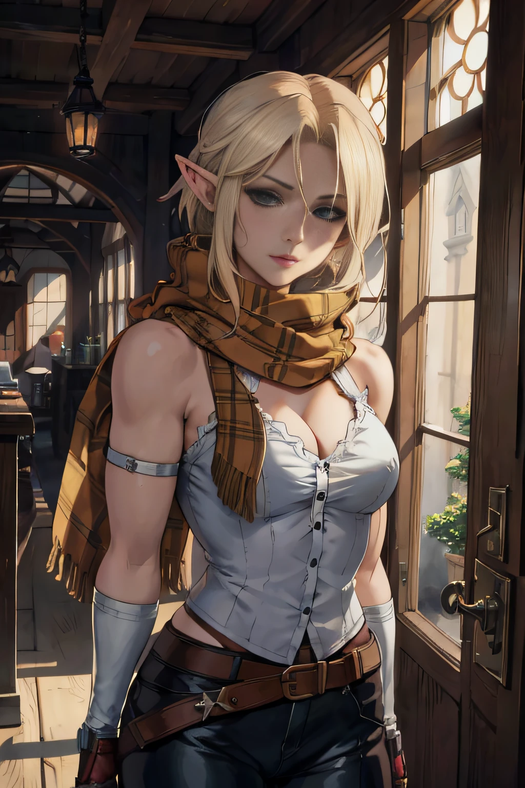 a drawing of a woman with blonde hair and a scarf, rogue anime girl, high quality colored sketch, looking like annie leonhart, v from devil may cry as an elf, anime style character, female anime character, annie leonhart, colored sketch, digitally colored, inspired by Li Chevalier, riven, anime character portrait, anime character