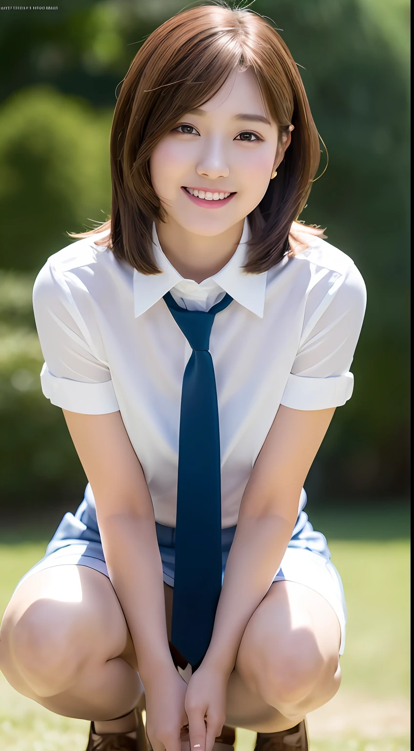 Very detailed 8k wallpaper)、foco nítido、in detail、Drama、Delicate and beautiful schoolgirl、sixteen years old、Sheer white shirt、Quite short skirt、neck tie、ligh brown hair、hair adornments、Beautiful and sexy、A smile、独奏、Beautiful graphics、Beautiful legs、crouching down、