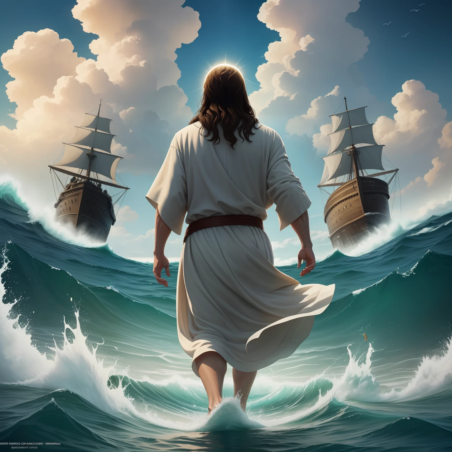 Jesus walking on water with a heaven cloud in the background, Jesus walking on water, biblical illustration, epic biblical representation, forcing him to flee, coming out of the ocean, ! holding in hand!, blessing to help people, disembarking, god of the ocean, beautiful representation, 8k sunny blessings light, realistic,