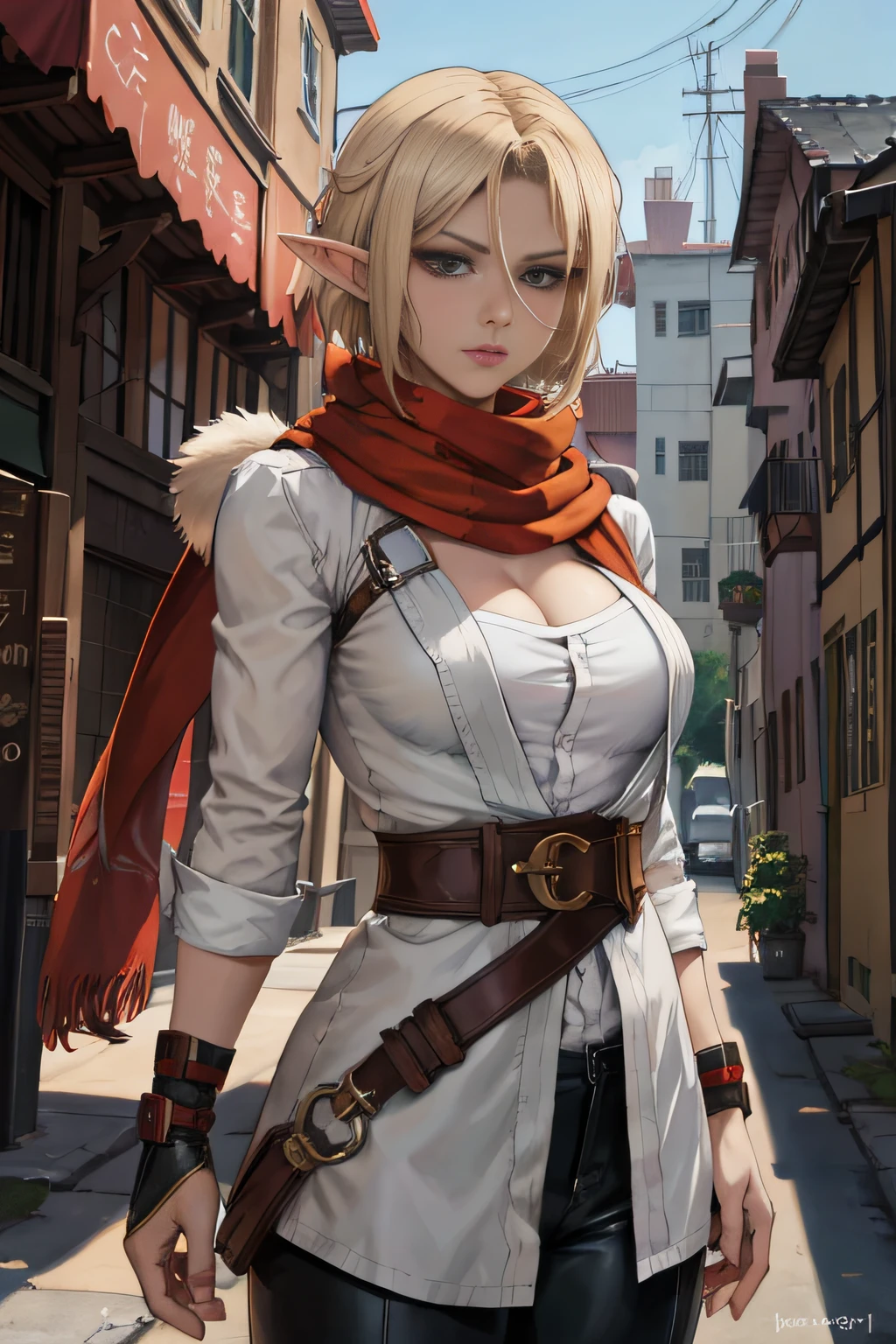 a drawing of a woman with blonde hair and a scarf, rogue anime girl, high quality colored sketch, looking like annie leonhart, v from devil may cry as an elf, anime style character, female anime character, annie leonhart, colored sketch, digitally colored, inspired by Li Chevalier, riven, anime character portrait, anime character