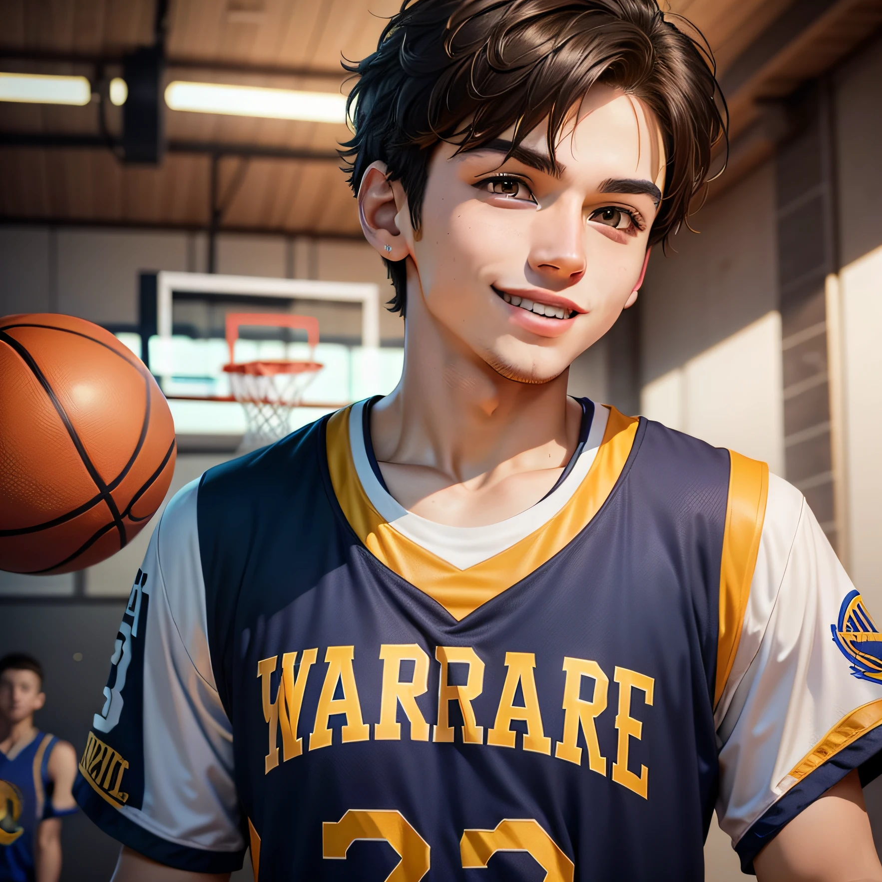 1 boy is playing basketball，Wearing a Warriors jersey T-shirt，brunette color hair，Scene basketball hoop，No glasses，Larger eyes，The smile is more shy，photorealestic，The face is delicate，Number 30 shirt，short detailed hair