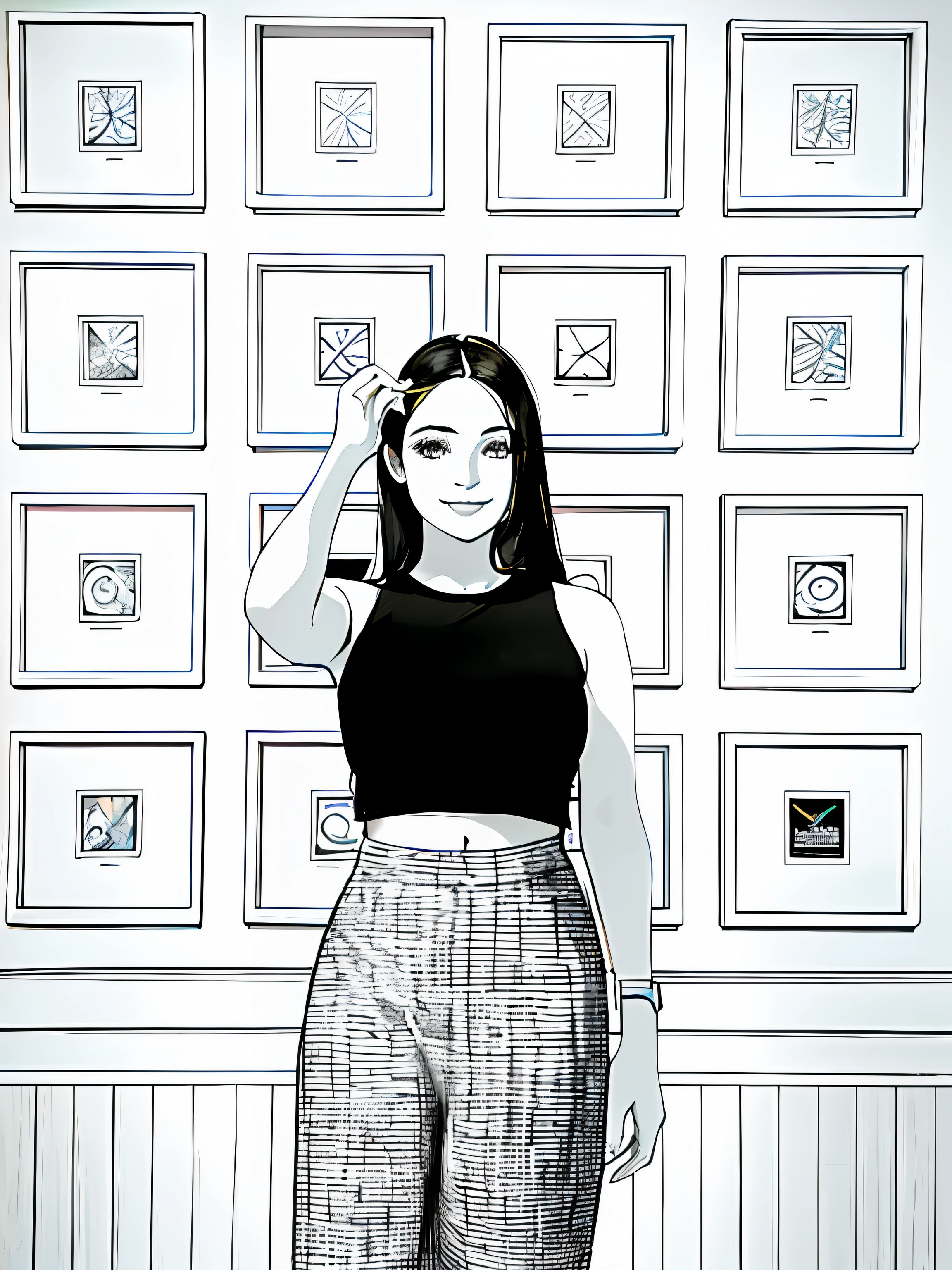"Adorable girl, stylish crop top, poised in an art gallery, captivating gaze, charming smile, intricate line work, black and white aesthetic." Line art, monochrome