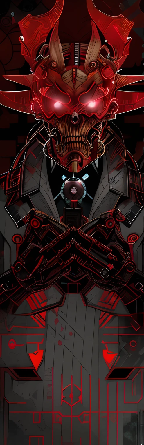 Draw a demon，There are pistols and bow ties, red demon cyberpunk symbols, Wallpaper phone, Red Biomechanics, Set ninja background, red biomechanical details, gungrave, Magic machine, Dark suit thug illustration, Detailed cover artwork, symetry!! portrait of cyborg, phone background, Cover art, Just the art of dark metal music, Official artwork