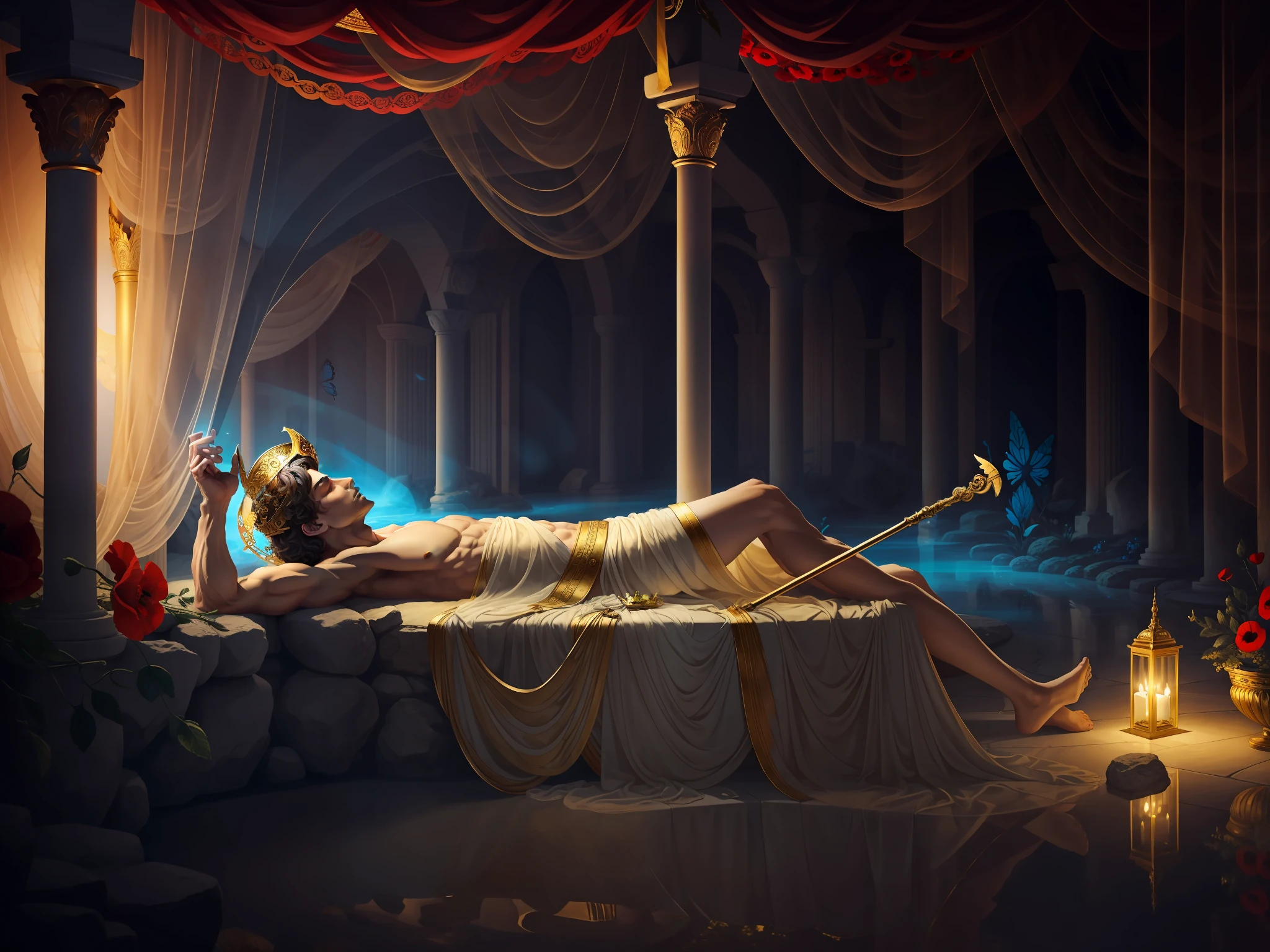 Greek god Hypnos. Like a winged young man, thin and with butterfly wings on his back. His face has a serene and peaceful expression, with his eyes closed. He wears a white and light blue tunic with gold trim. He wears a crown of poppies and a staff in one hand. Interior background of an underground grotto with soft curtains of mist, surrounded by dreams and whispers, in the kingdom of dreams where he rules.