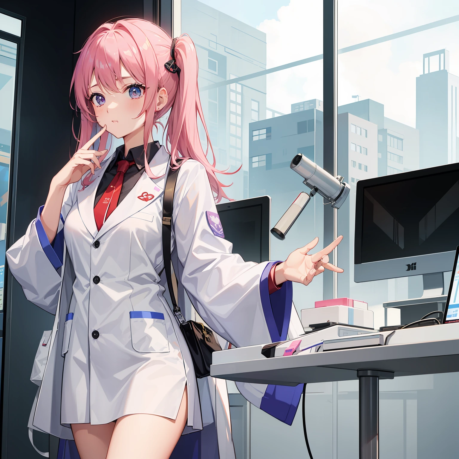 Dr。wearing lab coat。a beauty girl。animesque。