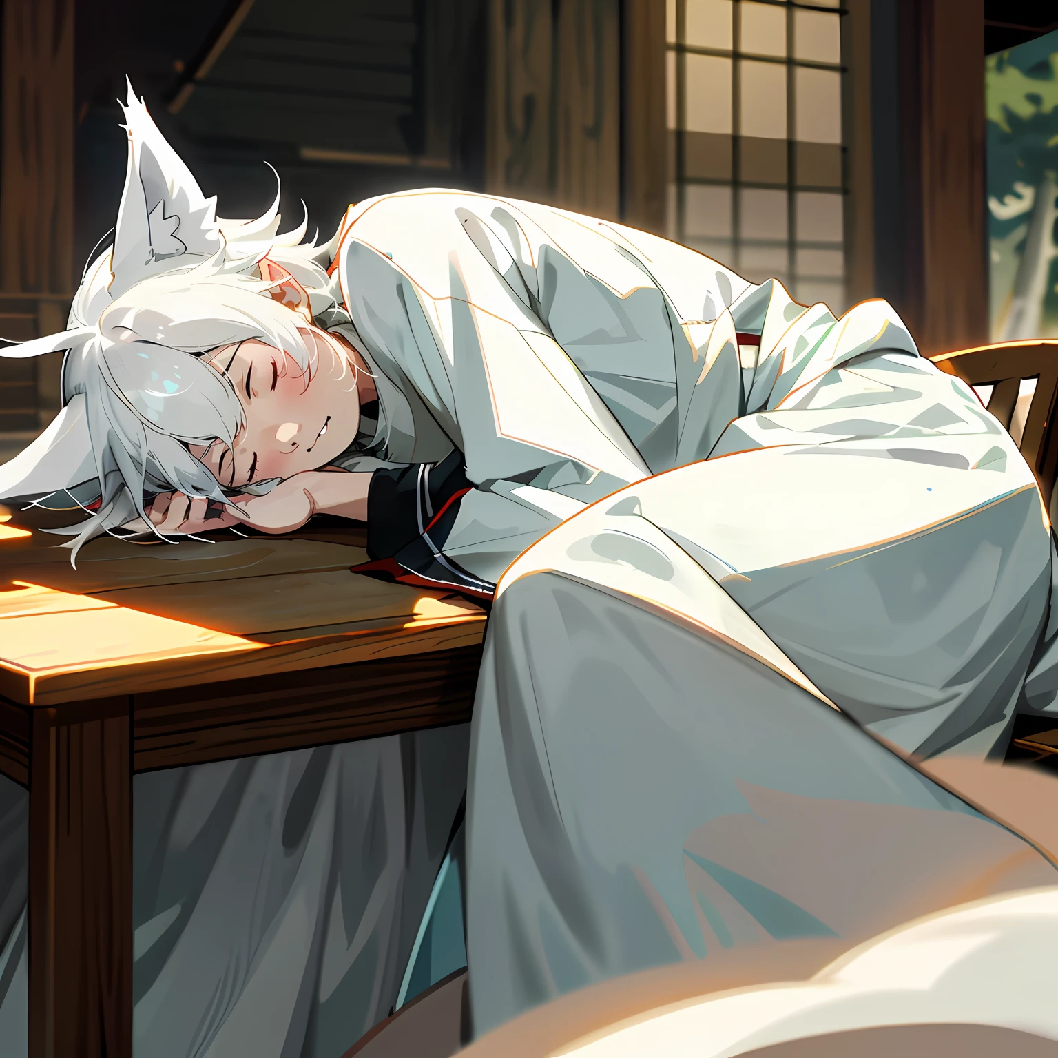 Anime - style picture of a white dog sleeping on a table, White-haired fox, resting after a hard fight, white fox anime, very sleepy and shy, Sleepy expression, an exhausted deity, senko-san, relaxed poses, Vampire White Fox, asriel dreemurr, relaxed dwarf with white hair, resting on a tough day, anime cat