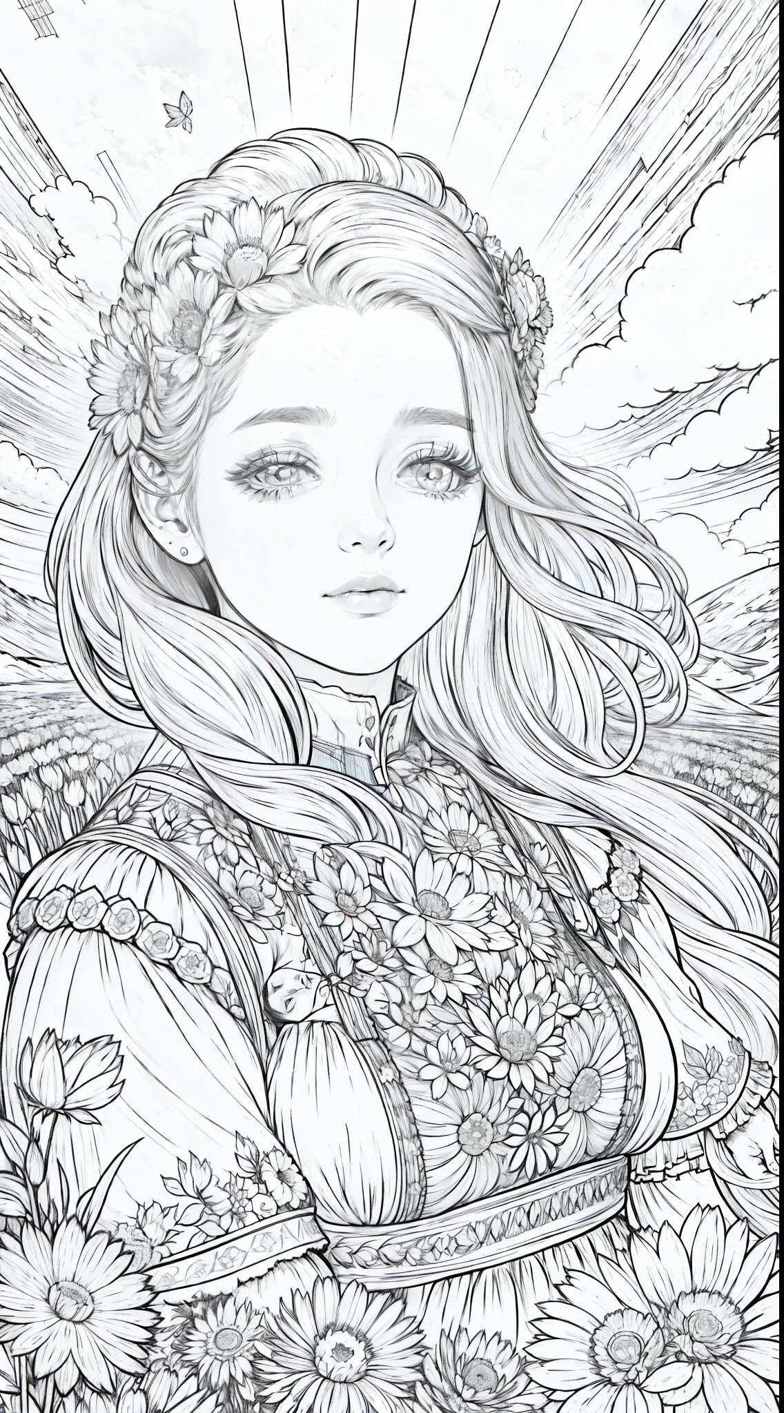 woman looking at camera, (field of flowers), ((closeup)), portrait, clouds, line art