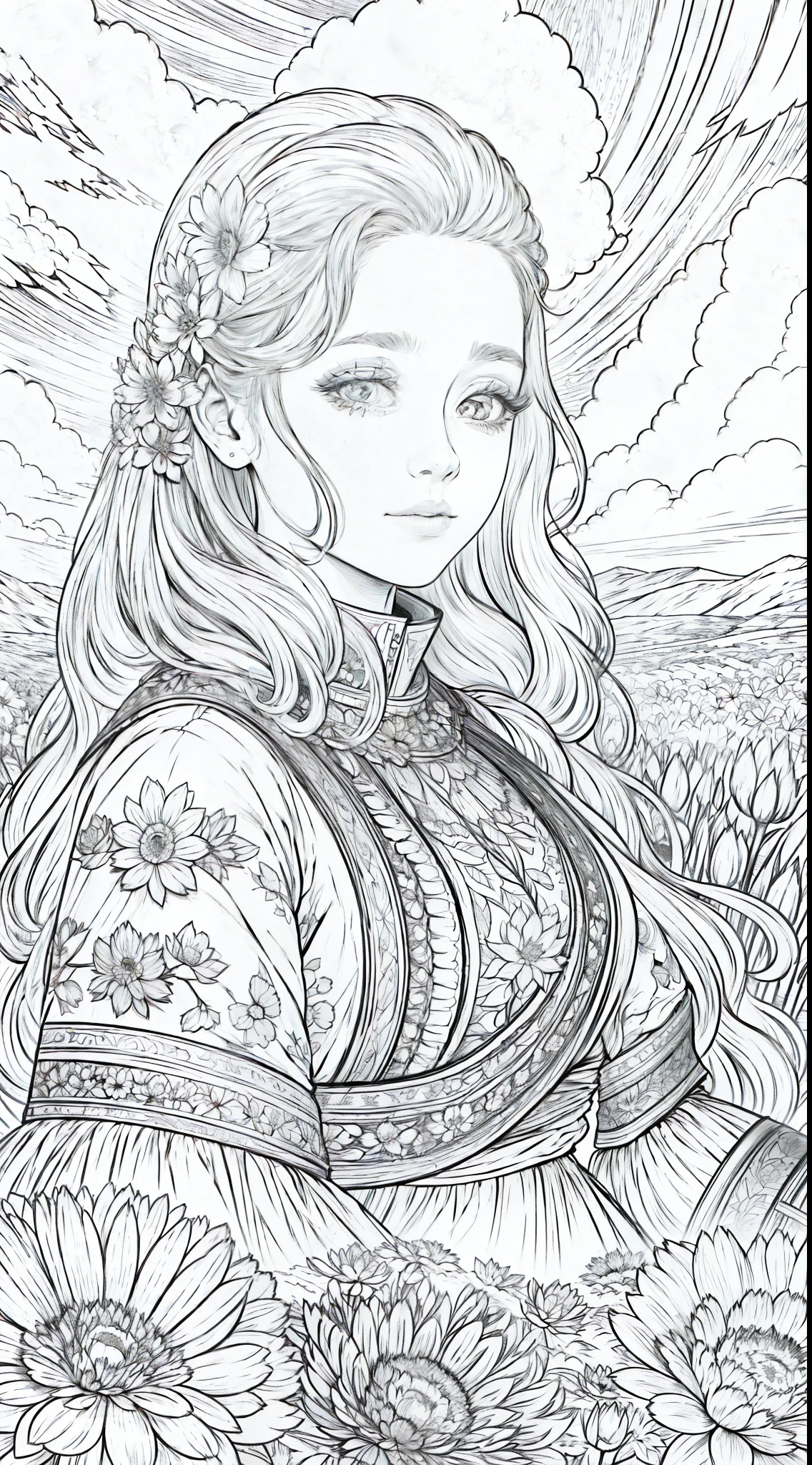 woman looking at camera, (field of flowers), ((closeup)), portrait, clouds, line art