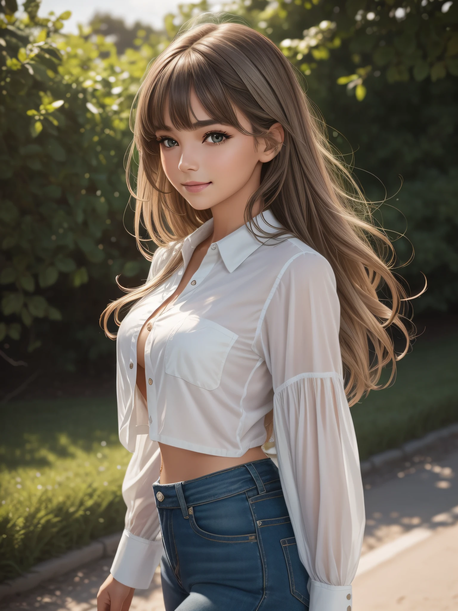 (Best Quality:1.2, 8K, Sharp Focus, master piece: 1.2, natural Light, extremely details CG, beautiful Girl:1.2, reality, Detailed face textures, Realistic skin, beautiful makeup, octane render, magnificent, Detailed bangs)), (depth of fields), Bokeh background, Smile, detailed brilliant brown and silver two-tone long hair, Cowboy Shot, ( cropped shirt), wind, from side