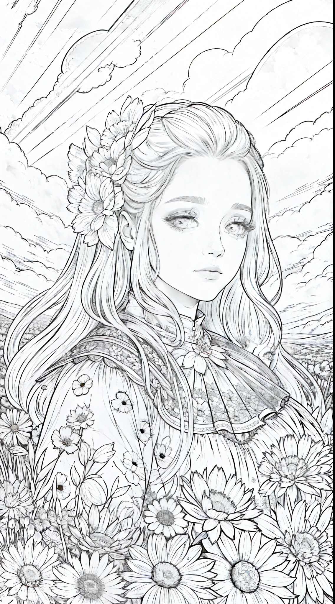 woman looking at camera, (field of flowers), ((closeup)), portrait, clouds, line art