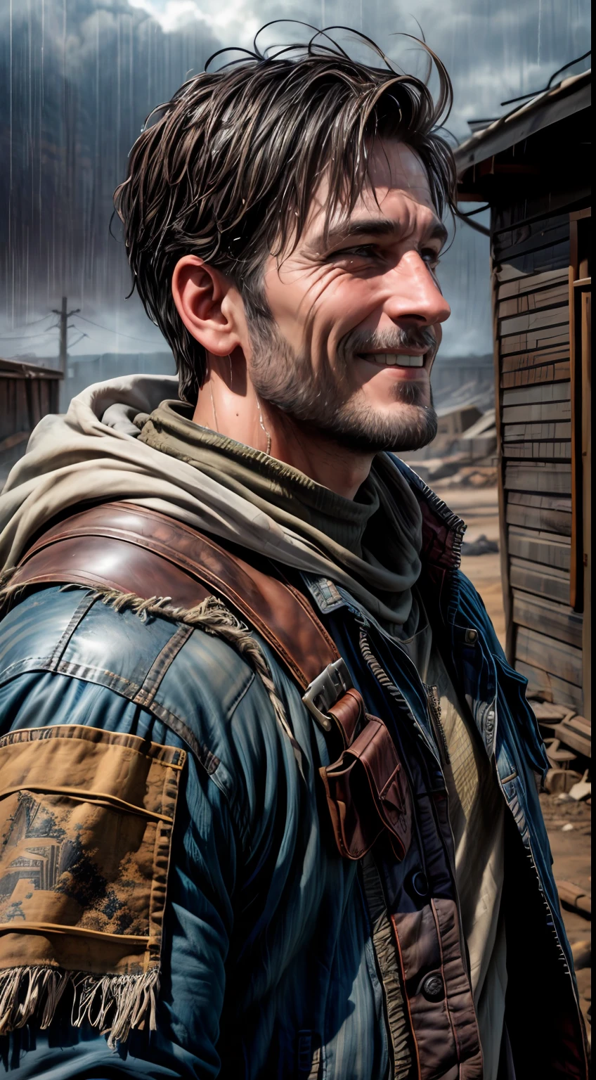 (((It's raining heavily, Clothes are wet, raindrops on the face))), A Punk from the Wasteland stands in the middle of the Wasteland (((portraite of a, a closeup of a, Smiling))), engulfed in swirling dust storms. The camera zooms in on a man, capturing the intensity in his eyes, when he looks into the distance. The details of his weathered clothes and makeshift armor become clearer with each zoom, Patchwork quilt made of materials, sewn together. When the zoom reaches its peak, The focus shifts to his hands, who hold disposed weapons in their hands, demonstration of the character's resourcefulness and survival skills. The hint is implemented in the style of 3D sculpture, Using a combination of modeling and texturing techniques to bring the character and environment to life.