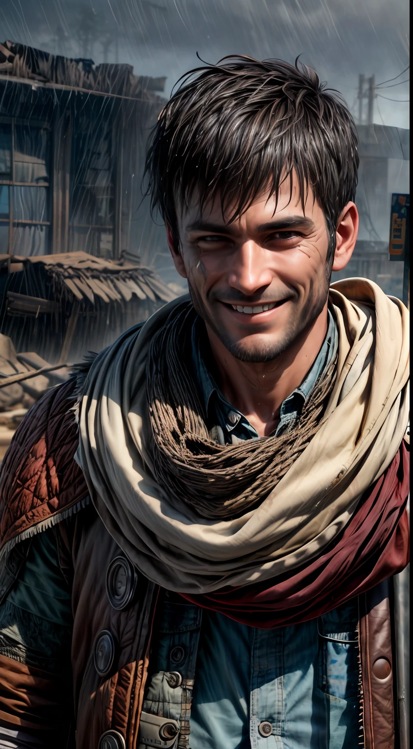 (((It's raining heavily, Clothes are wet, raindrops on the face))), A Punk from the Wasteland stands in the middle of the Wasteland (((portraite of a, a closeup of a, Smiling))), engulfed in swirling dust storms. The camera zooms in on a man, capturing the intensity in his eyes, when he looks into the distance. The details of his weathered clothes and makeshift armor become clearer with each zoom, Patchwork quilt made of materials, sewn together. When the zoom reaches its peak, The focus shifts to his hands, who hold disposed weapons in their hands, demonstration of the character's resourcefulness and survival skills. The hint is implemented in the style of 3D sculpture, Using a combination of modeling and texturing techniques to bring the character and environment to life.