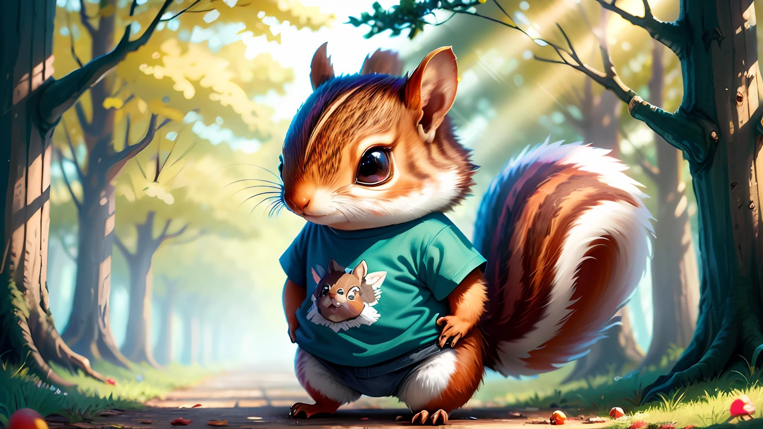 tmasterpiece, best qualtiy, 8K, rich colourful, realisticlying, HDR, high detal, the wallpaper, Squirrel wears T-shirt, pinecone, the trees, cut13cl0th3stech, autumnal, A variety of animals