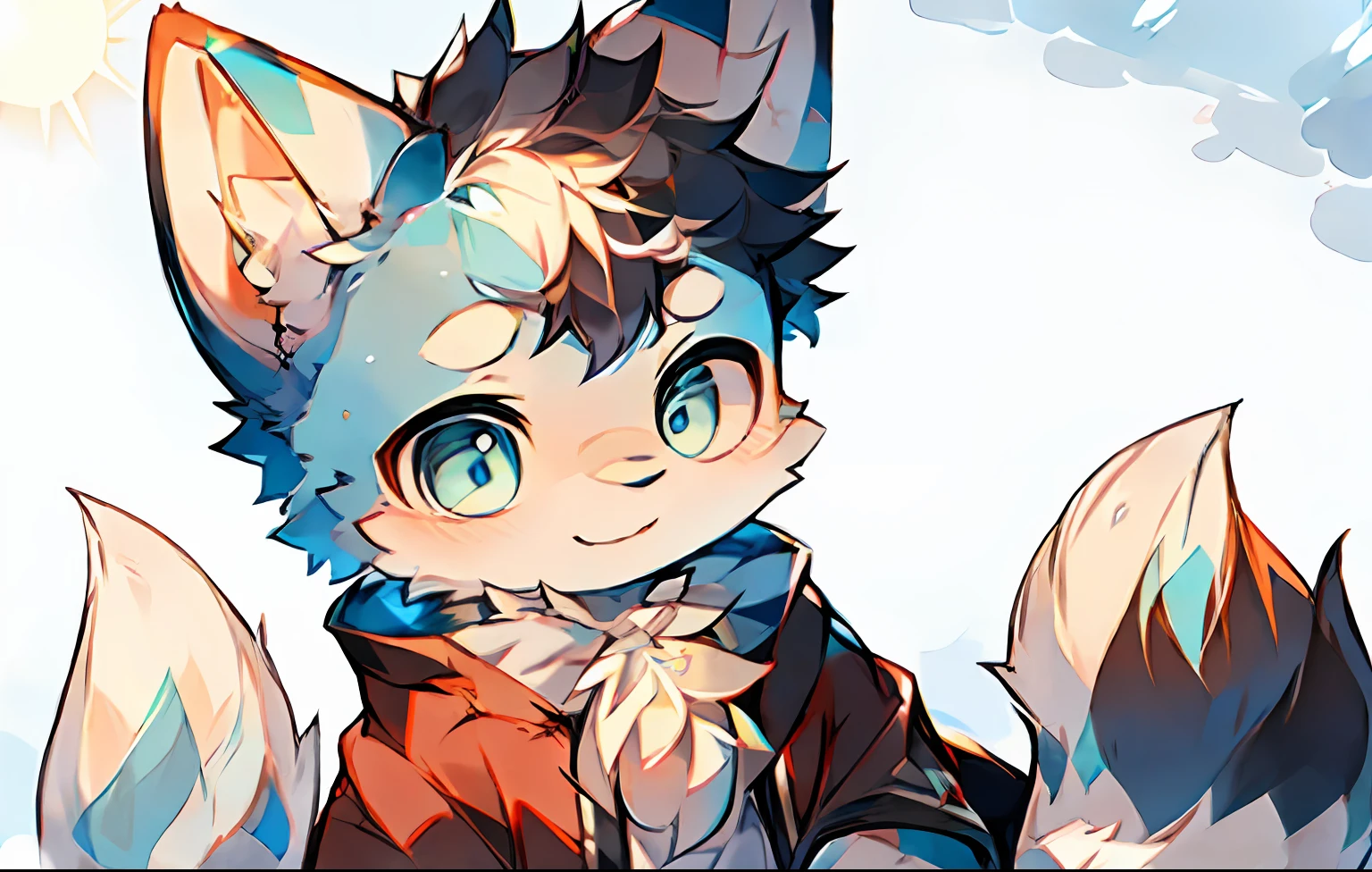 White fur，Snow white all over，Cat ears，a cat tail，Blue eyes，Small bells g blue，Sweet smile，The sun shines，Cute boy，Baby-like face。