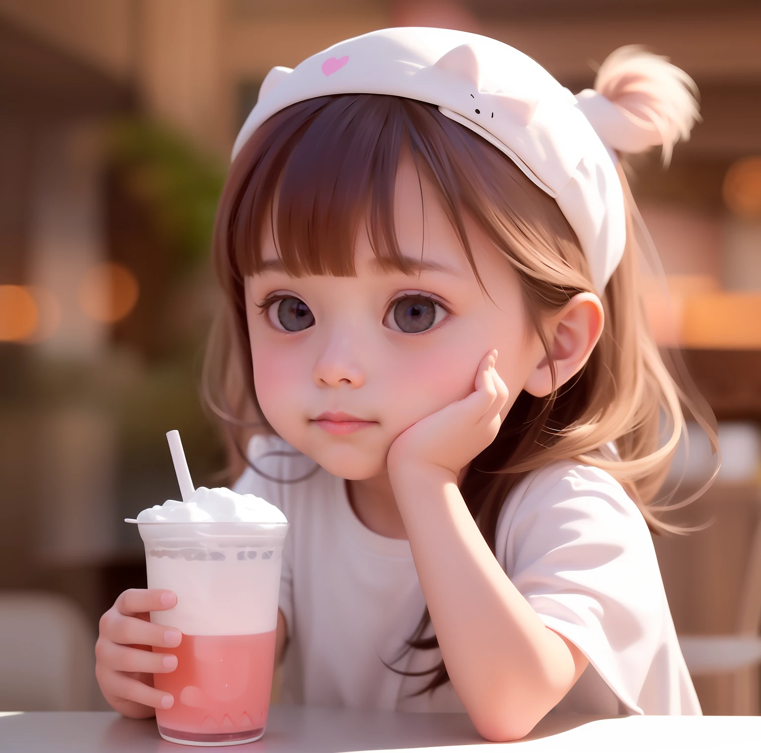 there is a girl sitting at a table with a drink, adorable digital art, cute beautiful, Cute girl, lovely digital painting, beautiful lovely, Realistic cute girl painting, Cute detailed digital art, Cute little Cute and lovely, Cute young girl, Cute cartoon character, Cute cartoon, cute portrait, cute cute, adorable expression, cute kawaii girls