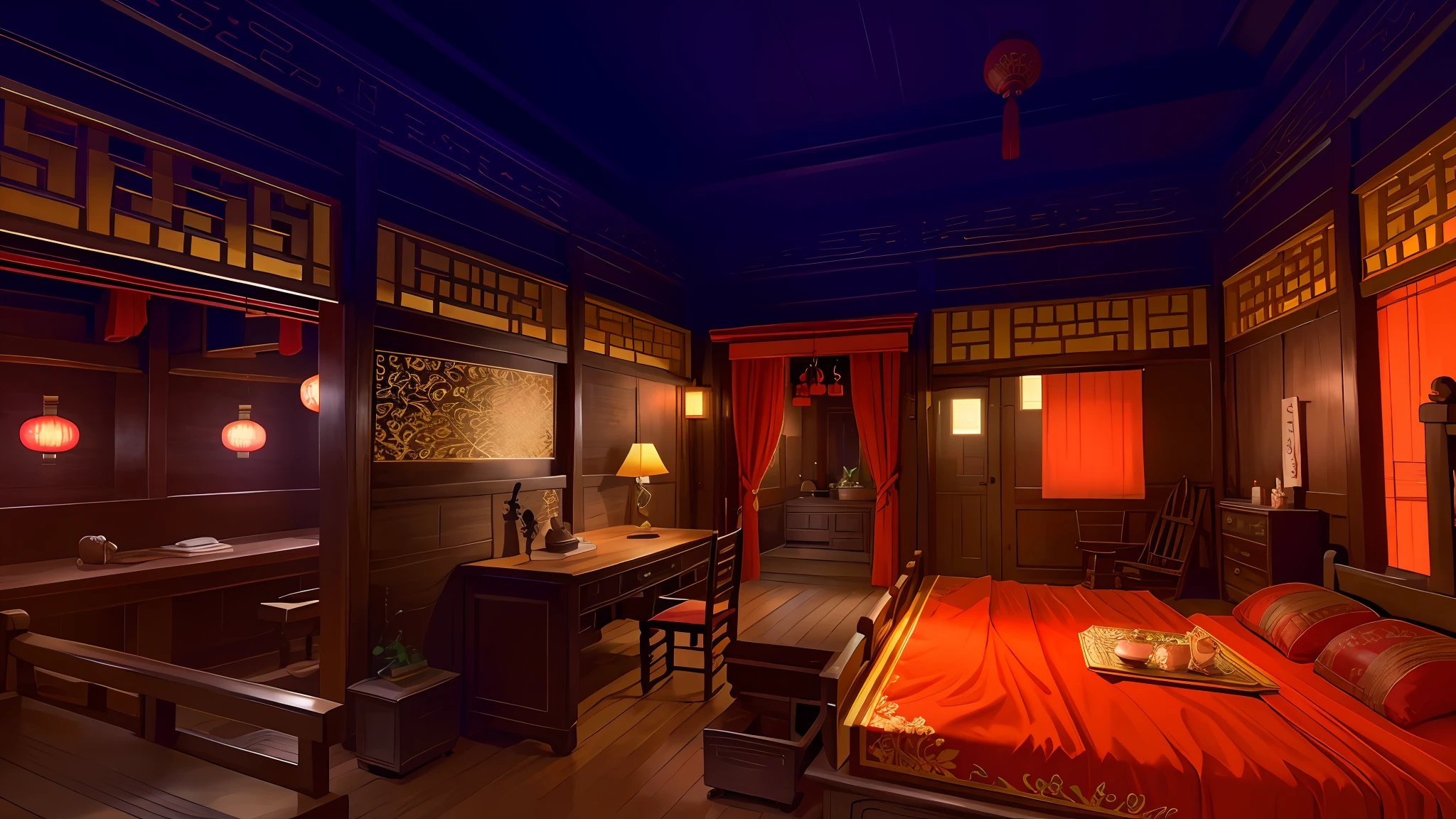 China-style,ancient buildings,inside bedroom,Ornaments,desks,Bed,bench