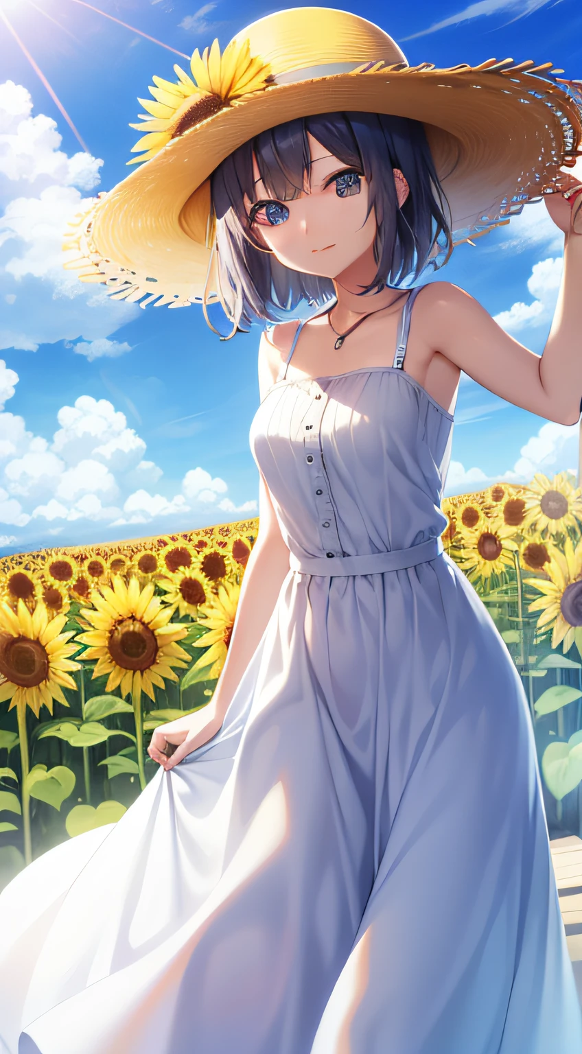 Sunflower field and blue sky。With straw hats、20-year-old woman in white dress stands。