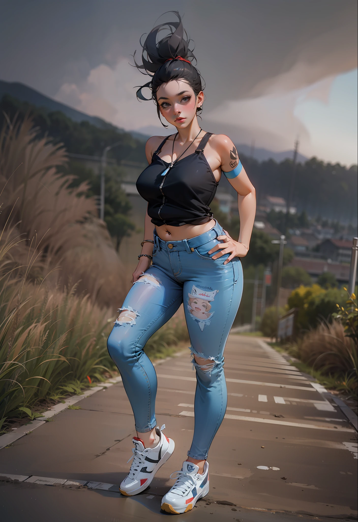 Mulher realista 30 anos muito sexy (Peta Jensen pov), medium hair grey gradient, batendo nos ombros, na altura dos ombros, olhos verdes esmeralda, sobrancelha cerrada, olhar penetrante e sensual, nariz esnobado, empinado e arredondado, sardas, thick lips, boca entreaberta, mini top branca justa, transparente, molhada, apertada, corpo perfeito, great contrast, realista, barriga natural com dobra marcada, piercing na barriga, jeans curto desabotoado, open zipper, sem calcinha, does not wear panties, quadril largo, pele com sardas, peitos grandes (Oppai), massivos, Mamalhuda, peitos molhados, mamilos estufados e molhados, well visible, molhada, debaixo de pingos de chuva, tempo nublado, Realistic cinematic light, dust particles in the air, standing stop, olhando para cima, vista de cima, close de cima, View from above, Neck strap, wearing sneakers, Sneakers tied, branco com linhas azuis, estrada abandonada com chuva leve, velho, rusty road signs, mato seco, banco de espera ao fundo, sujo, trincado e descascando, hands on her waist, quadril largo,  hands straightening their hair, realista, 4k, profundidade,
