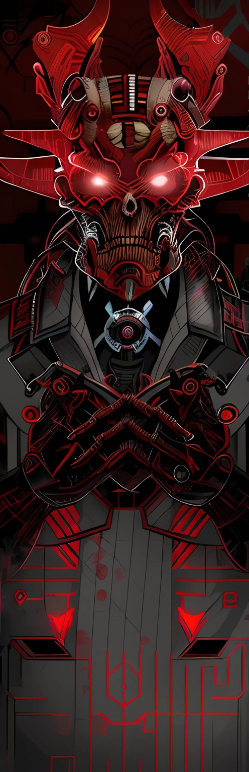 Draw a demon，There are pistols and bow ties, red demon cyberpunk symbols, Wallpaper phone, Red Biomechanics, Set ninja background, red biomechanical details, gungrave, Magic machine, Dark suit thug illustration, Detailed cover artwork, symetry!! portrait of cyborg, phone background, Cover art, Just the art of dark metal music, Official artwork