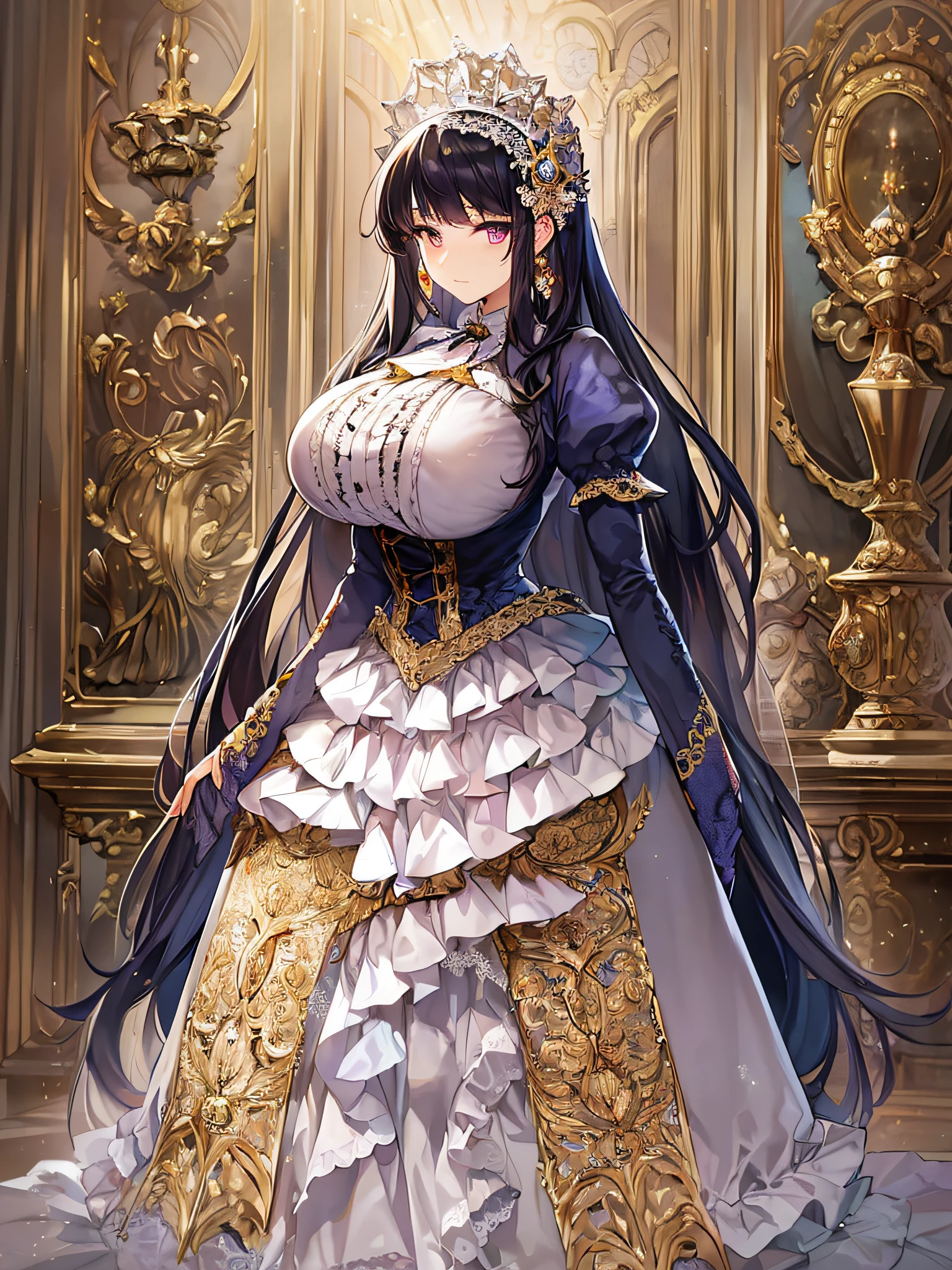 ((anime artstyle)),(Masterpiece),(Best Quality), (Super Detail),((Very Delicate and Beautiful)),((Solo)),((full body)),((1 princess in gorgeousfull victorian dress)),many ruffles,detailed face and eyes,jewel-like eyes,((voluminous Very Long Straight Hair)),((gorgeousfull embroidery and lace)),gorgeous corsage,See-through,gorgeousfull hair ornament,gorgeousfull glitter jeweled tiara,ornate ruffles,((gigantic breasts,Long breasts)),skindentation,((full body)),((hoop skirt,crinoline)),standing pose,Dynamic Angle,Looking at viewer,royal victorian palace,(((gorgeous embroidery gorgeousfull victorian dress)),full body