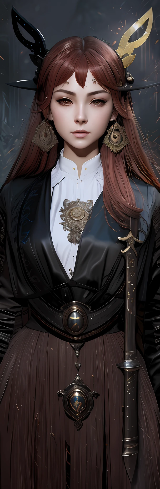 There was a woman with a sword and a hat, Charlie Bowater style, immaculate detail, character art closeup, holding a sword on her shoulder, ornate korean polearm behind her, female redhead templar, highly detailed exquisite fanart, NeoArtcore和Charlie Bowater(charlie bowater), Incredibly clear details, very detailed and rich clothing, closeup detailed