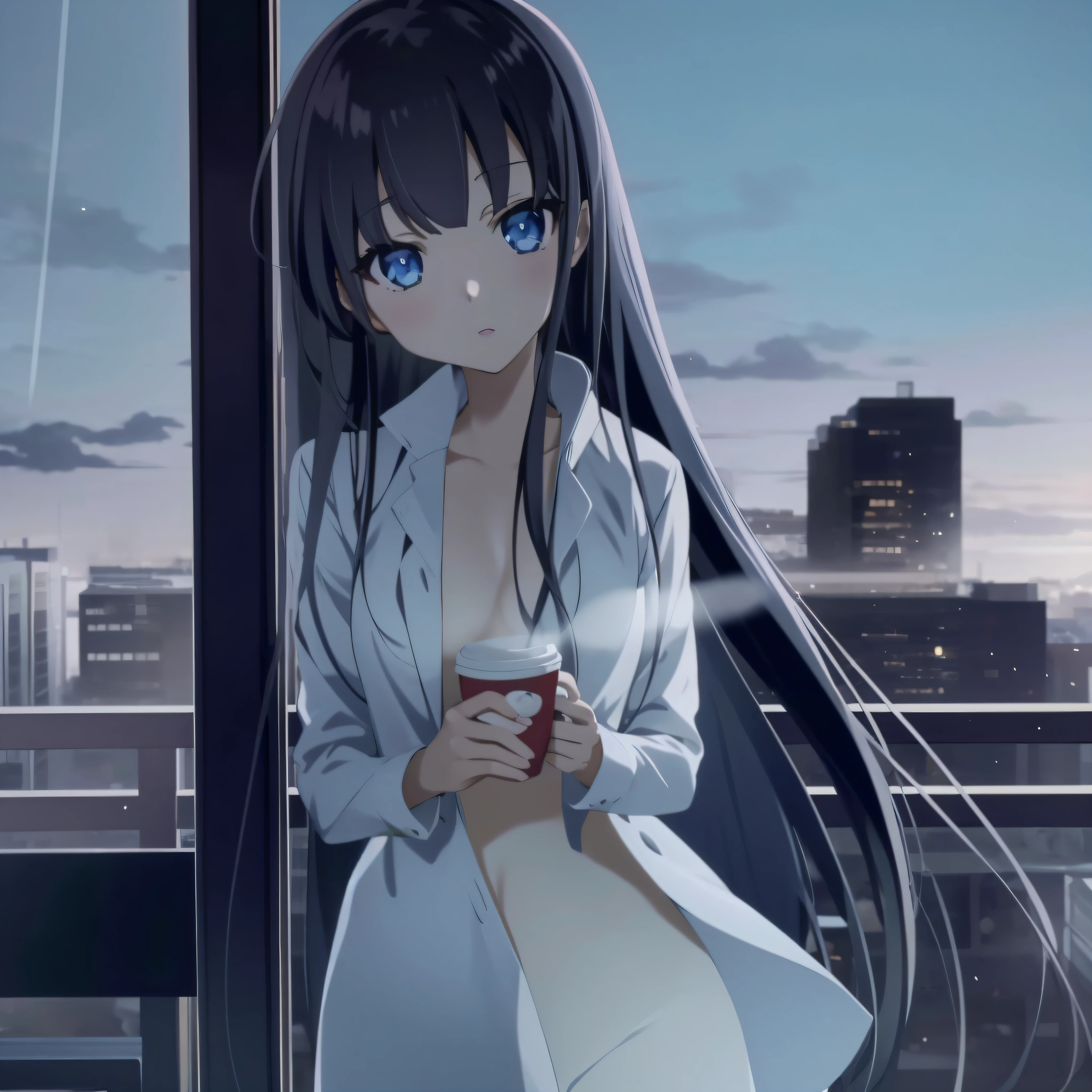 Anime girl with long hair holding a cup of coffee in front of the window, ilya kuvshinov with long hair, nightcore, Anime girl with long hair, anime moe art style, Smooth anime CG art, (Anime girl), Cute anime girl, 4k manga wallpapers, anime visual of a cute girl, seductive anime girls, An anime girl