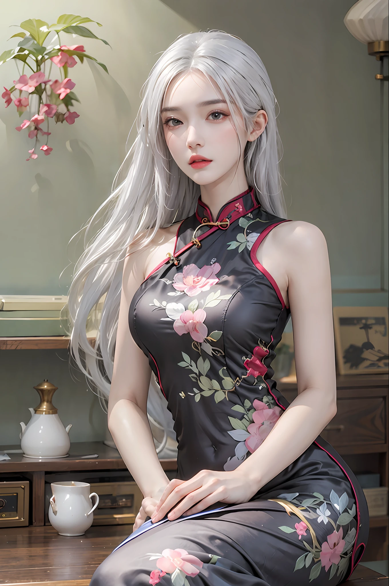 photorealistic, high resolution, 1 women, solo, hips up, look at viewer, (detailed face), white hair, long hair, medium breasts, cheongsam