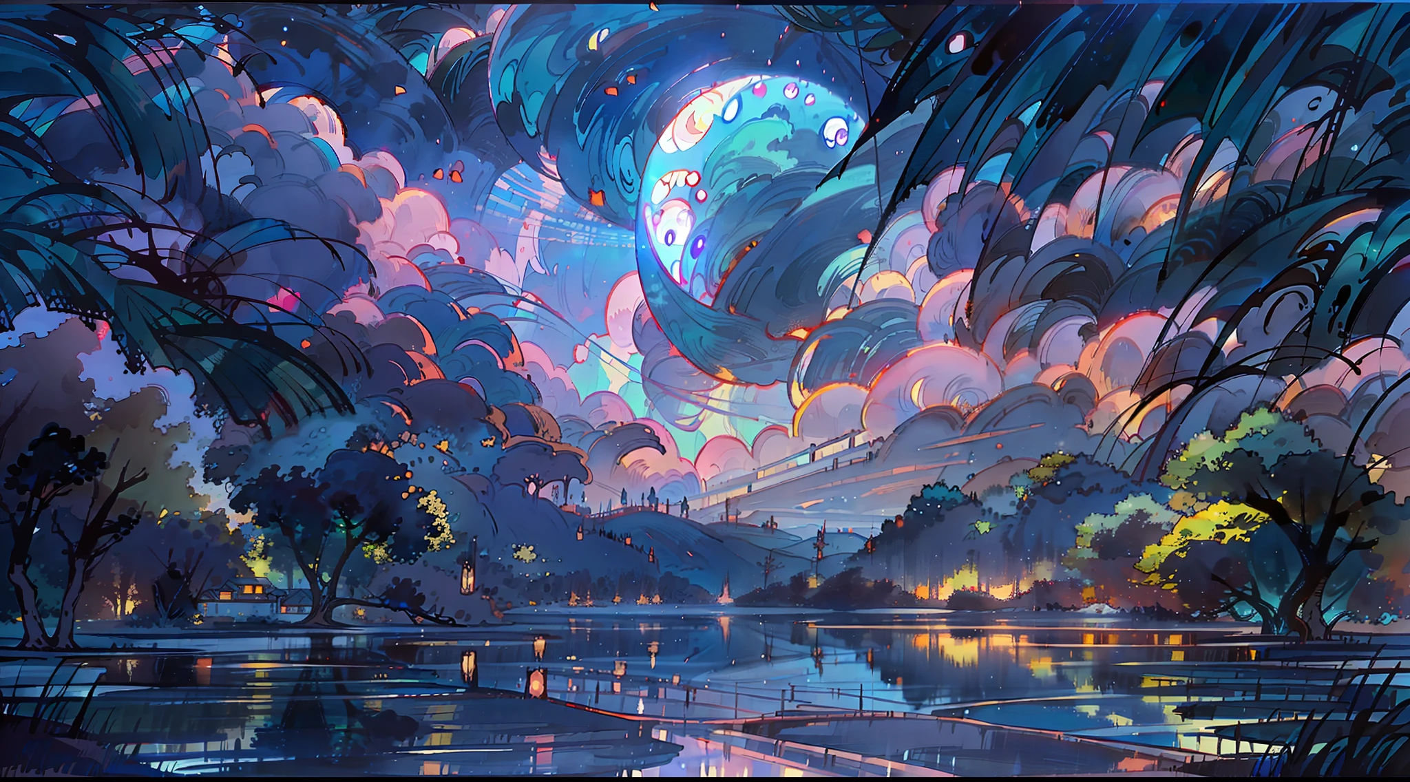 A surreal masterpiece,It presents beautiful and spectacular views in cool colors。Lakes and trees form the background,Accompanied by a gorgeous moon and fantastic sky reflections,True reflections on the surface of the water,The beautiful sky blends in with the color of the lake,Like a blue flame。This 8K picture creates a fantastic atmosphere,Colorful clouds are suspended in it,Create surreal visual experiences