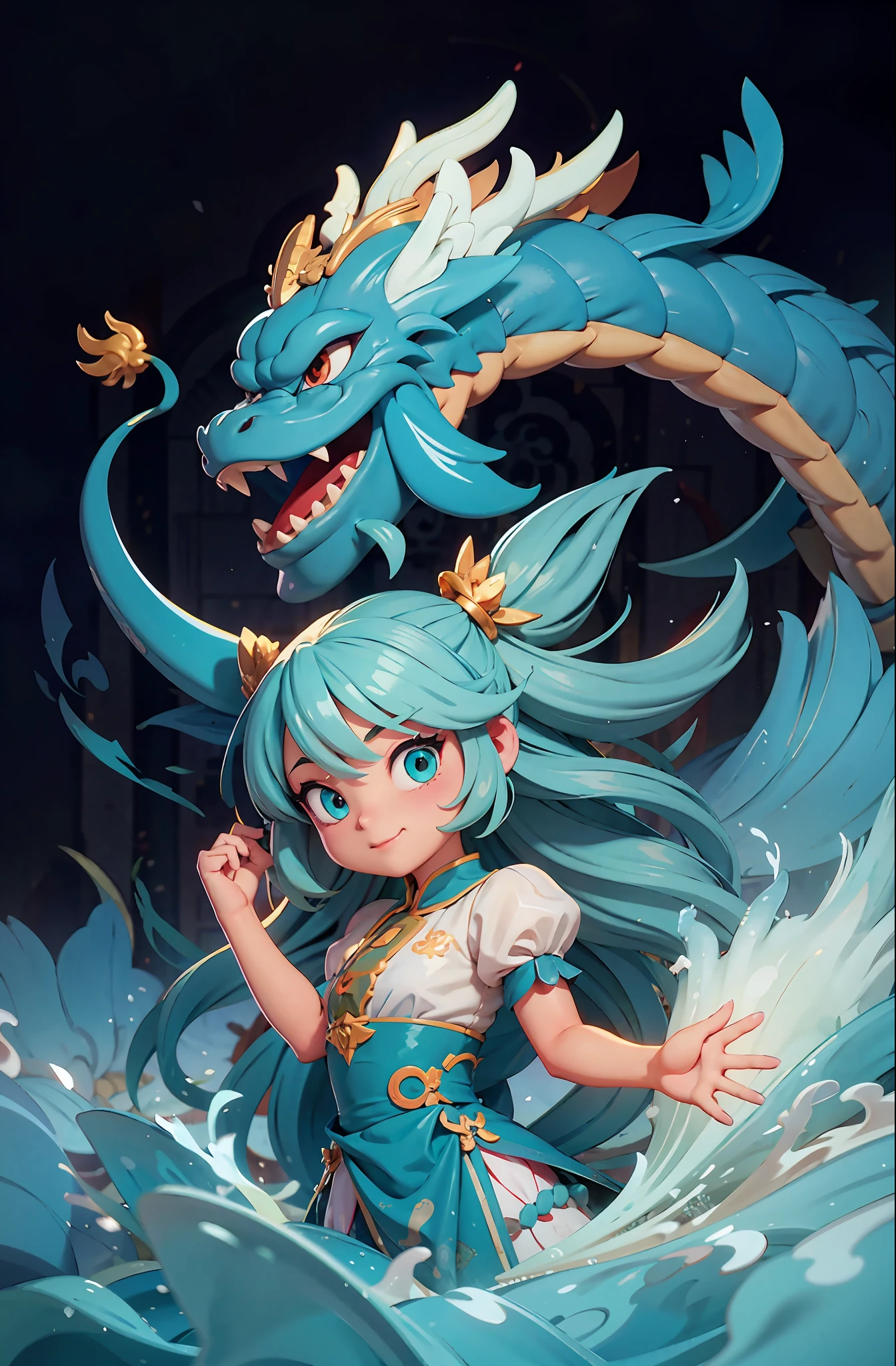 (((A Chinese dragon))),cyan colors|white colors,((A cute girl)),baiyun,cartoonish style,((Complicated details)),hdr,((Complicated details,ultra - detailed)),Epic composition,Realistic lighting,high definition detail,tmasterpiece,Best quality,(非常详细的 CG 统一 8k 壁纸),Medium perspective