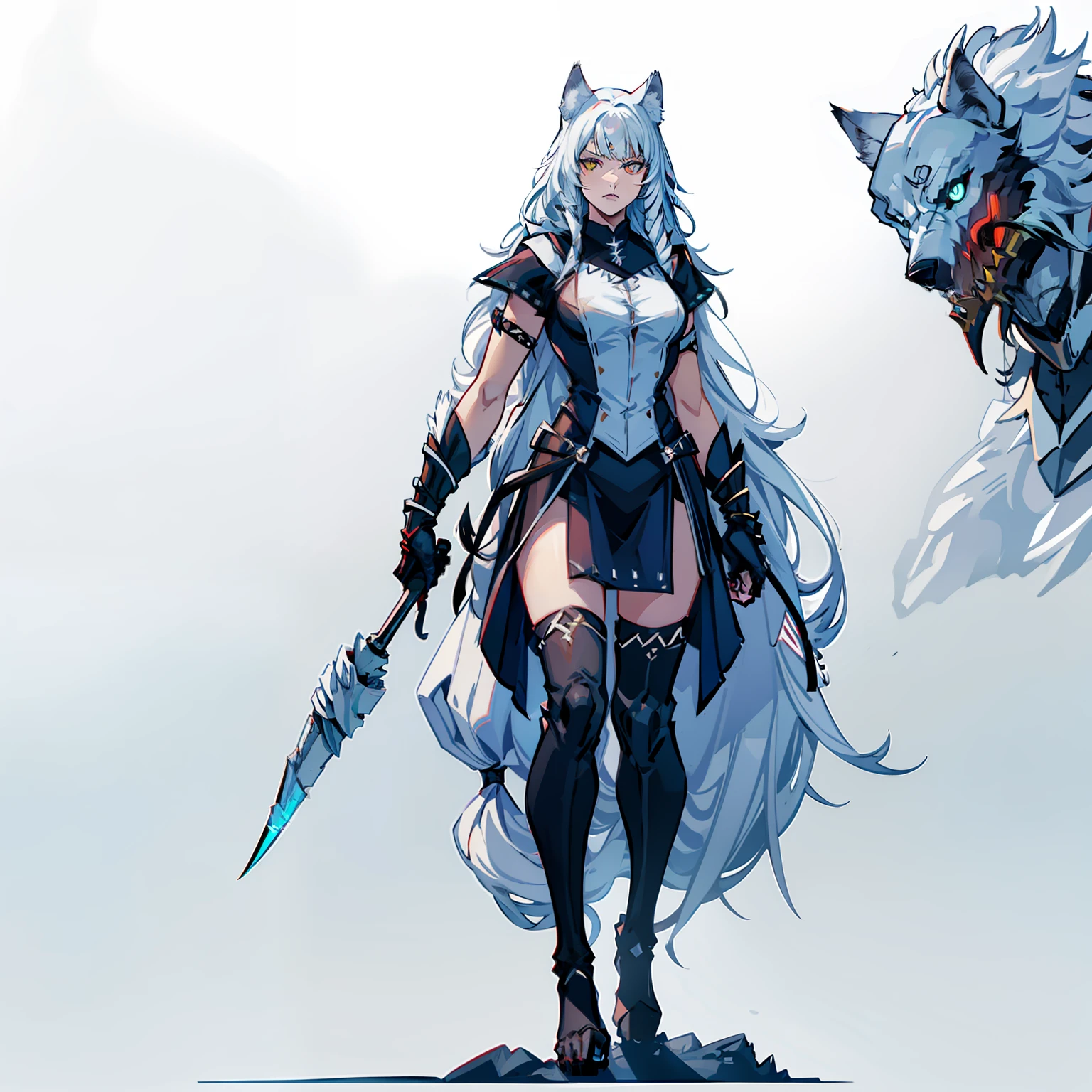 No background, Full body shot, werewolf, Female, White background, Lonely look, Half wolf, big sickle, wolf limbs