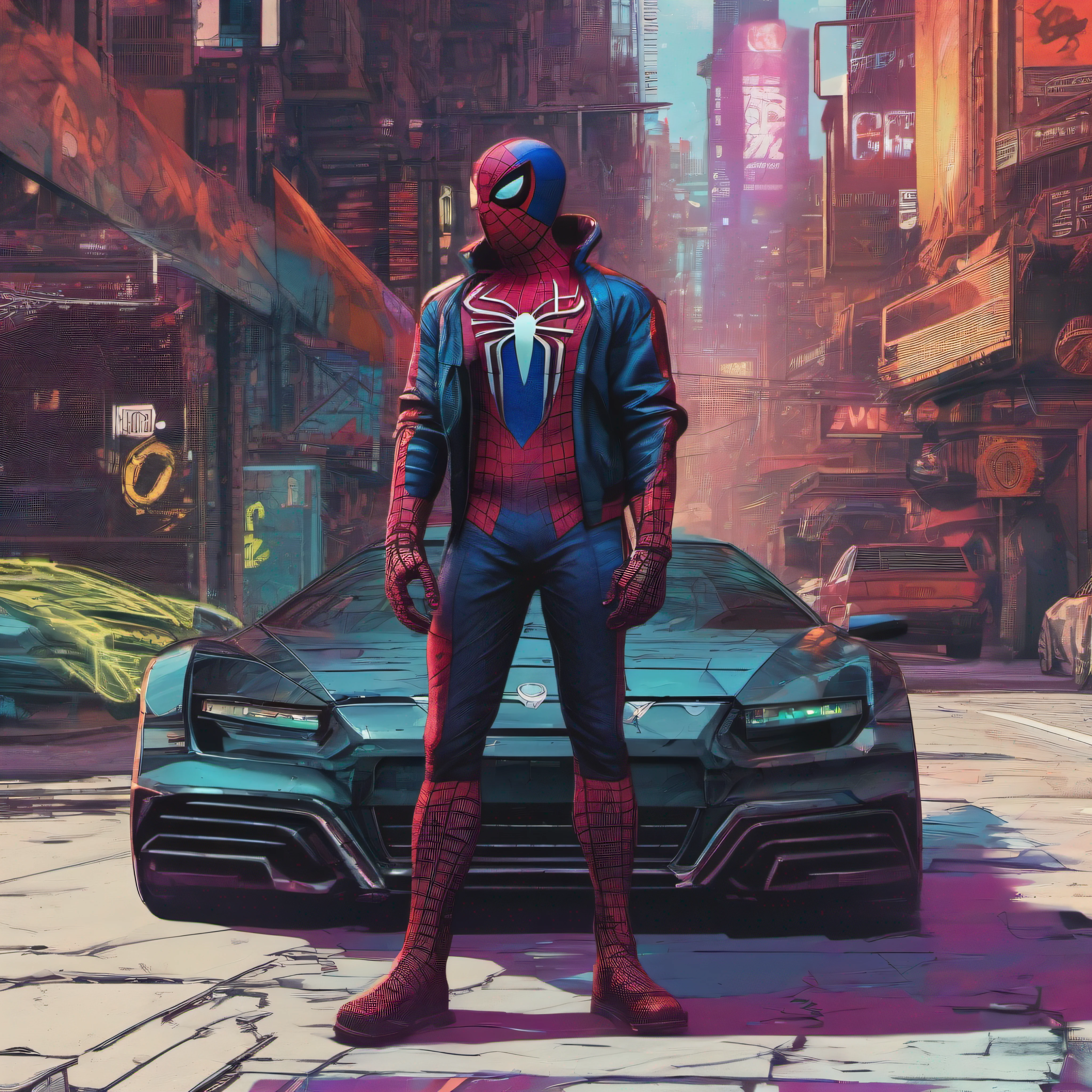 cyberpunk style spider man standing by his cyberpunk car