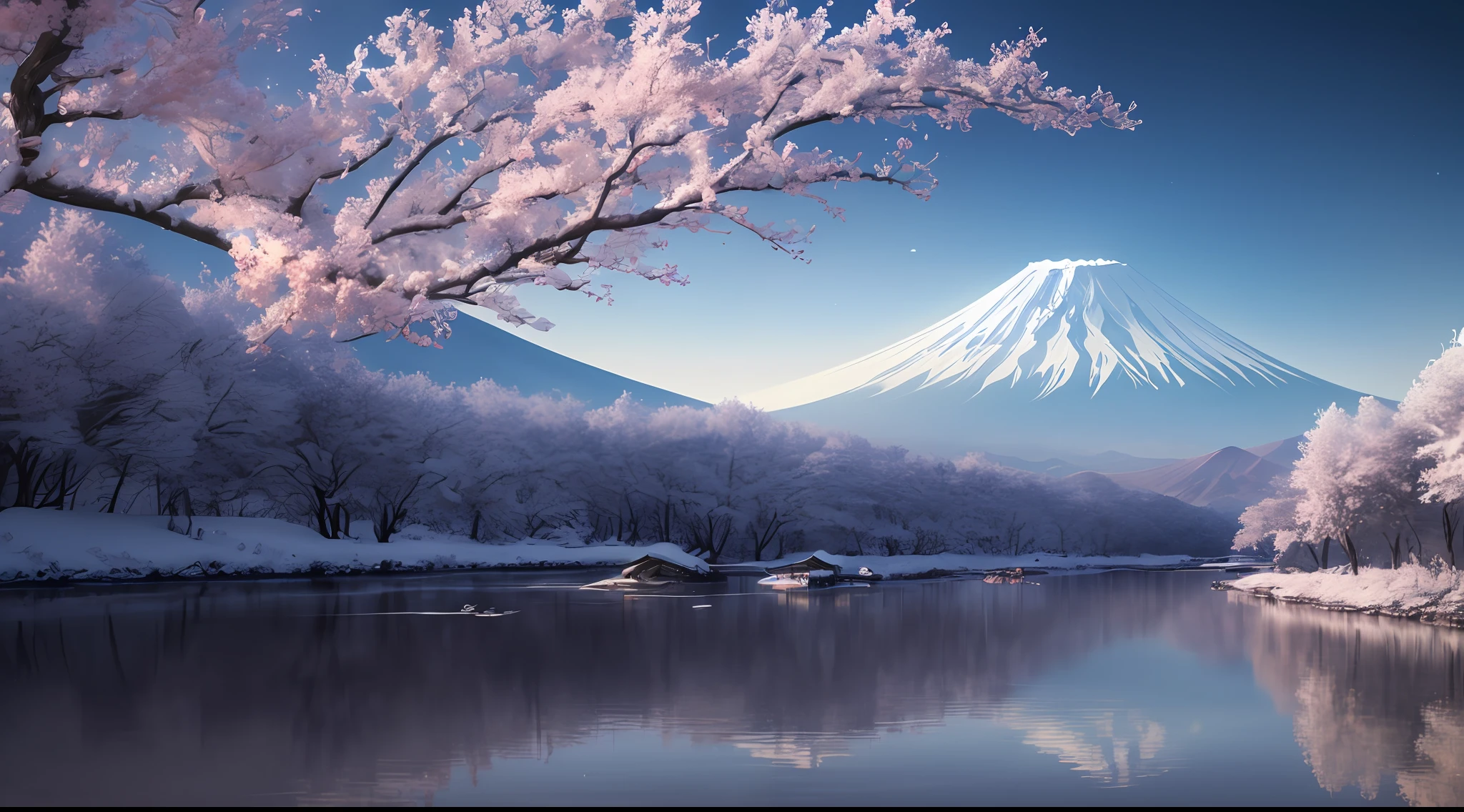 Masterpiece, Best quality, High quality, Extremely detailed Cg Unity 8K wallpaper,Mt fuji,Snow,winter,Outdoors, sky, day, landscape, water, tree, Blue sky, waterfallr, Nature, Lake, River, Cloudy sky,award winning photography, Bokeh, Depth of field, hdr, full bloom, color difference ,Photorealistic,Extremely detailed, trending on artstationh, trending on CGSociety, Intricate, High detail, Dramatic, art by midjourney