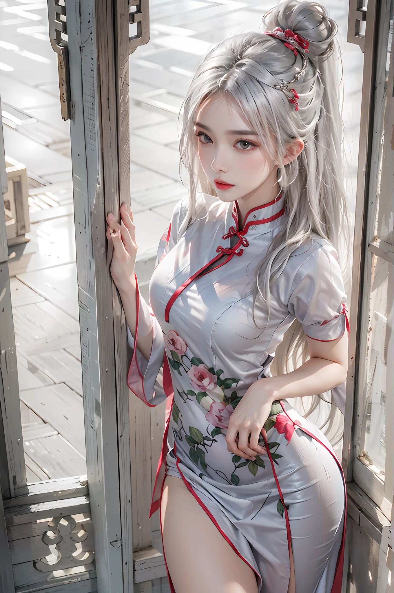 photorealistic, high resolution, 1 women, solo, hips up, look at viewer, (detailed face), white hair, long hair, medium breasts, cheongsam
