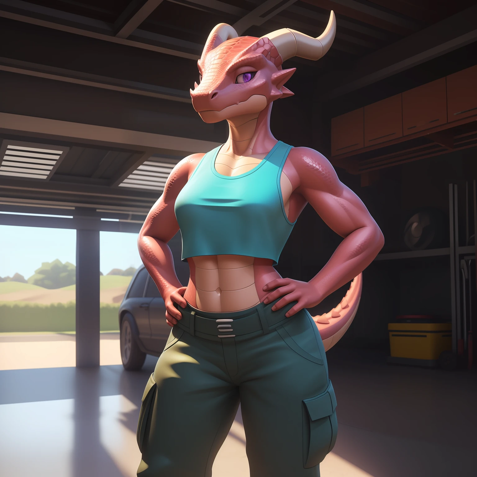 [Uploaded to e621.net; (Pixelsketcher), (wamudraws), (oughta)], ((masterpiece)), ((solo portrait)), ((scalie; anthro)), ((detailed scales)), ((raytracing)), ((detailed shading)), ((raw photo)), ((full body)), ((beautiful 3D art)), ((front)), ((cute)), {anthro kobold; (light red skin, shiny scales), cute light purple eyes, (no hair on head), long lizard tail, (2 horns), (frown)}, {(white tank top), blue cargo pants, (midriff)), (wide curvaceous hips), (athletic), (short), (thicc thighs)}, {(Standing), (looking at viewer), (hand on hip)}, [background; (garage); (sunny), (garage door)]